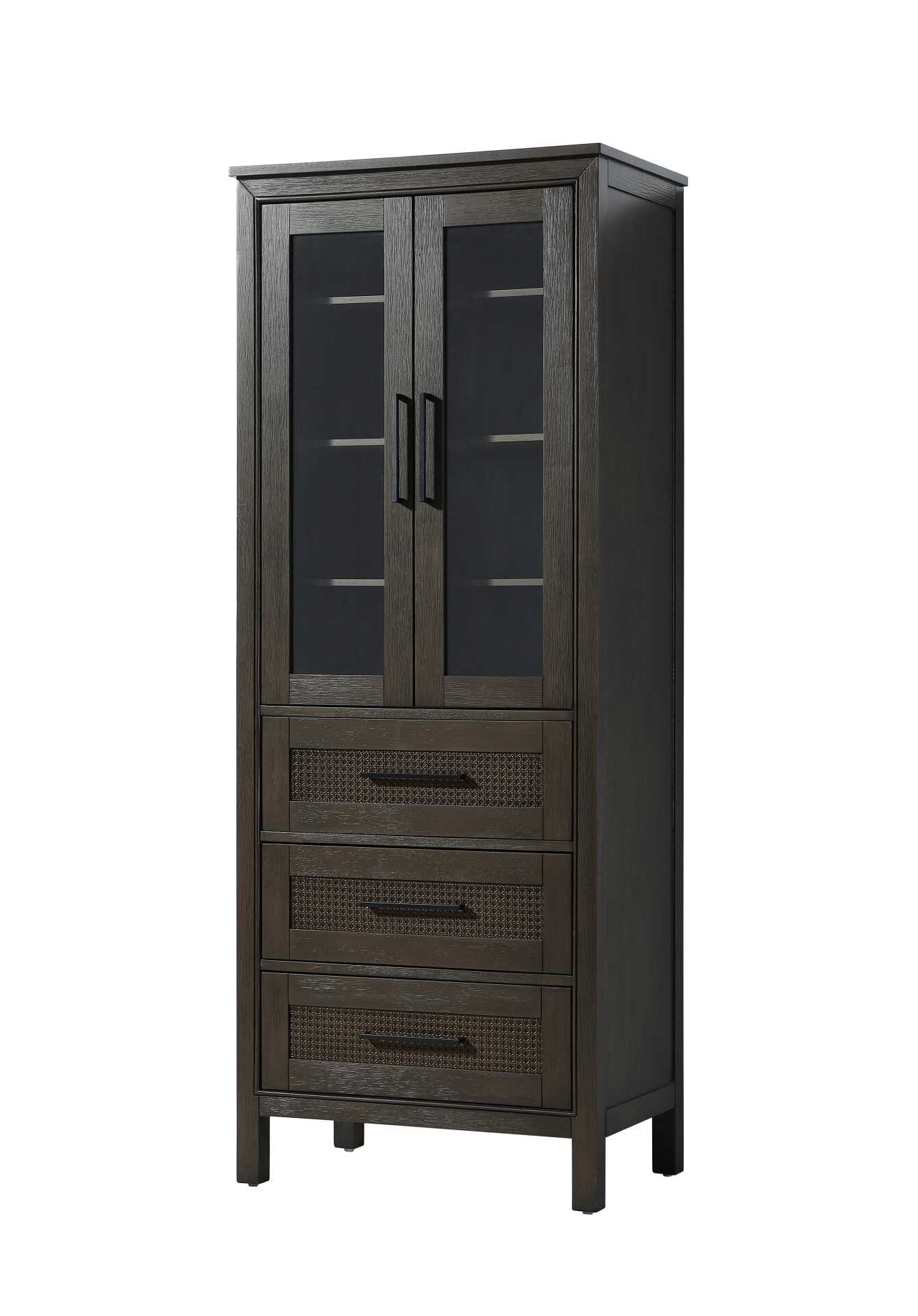 Dimensions
Length: 28"
Width: 18"
Height: 72"
Extension:
Depth:
Table Top Width: 28"
Specifications
Assembly Required: NO
Distressed Finish: NO
Finish (Color): Chocolate Oak
Cabinet Material: MDF and Solid wood and glass
Hardware Finish: Black
Harware Material: Aluminum alloy
Product Shape: Rectangle
Product Type: Bathroom Storage Cabinet
Product Warranty: 1 year limited
176
Wire Included: No
Wood Type: rubberwood
Shipment type: LTL
Drawers
Drawers Included: YES
Number of Drawers: 3
False Drawers: NO
Drawer Width: 23.25
Drawer Depth: 15.125
Drawer Height: 8.375
Drawer Handle Designs: Bar pull
Shelves
Number of Shelves: 3
Shelf Width: 25.25
Cabinets
Number of Cabinets: 1
Cabinet Interior Width: 23.25
Cabinet Interior Depth: 17.32
Cabinet Interior Height: 35.5 - alternate view