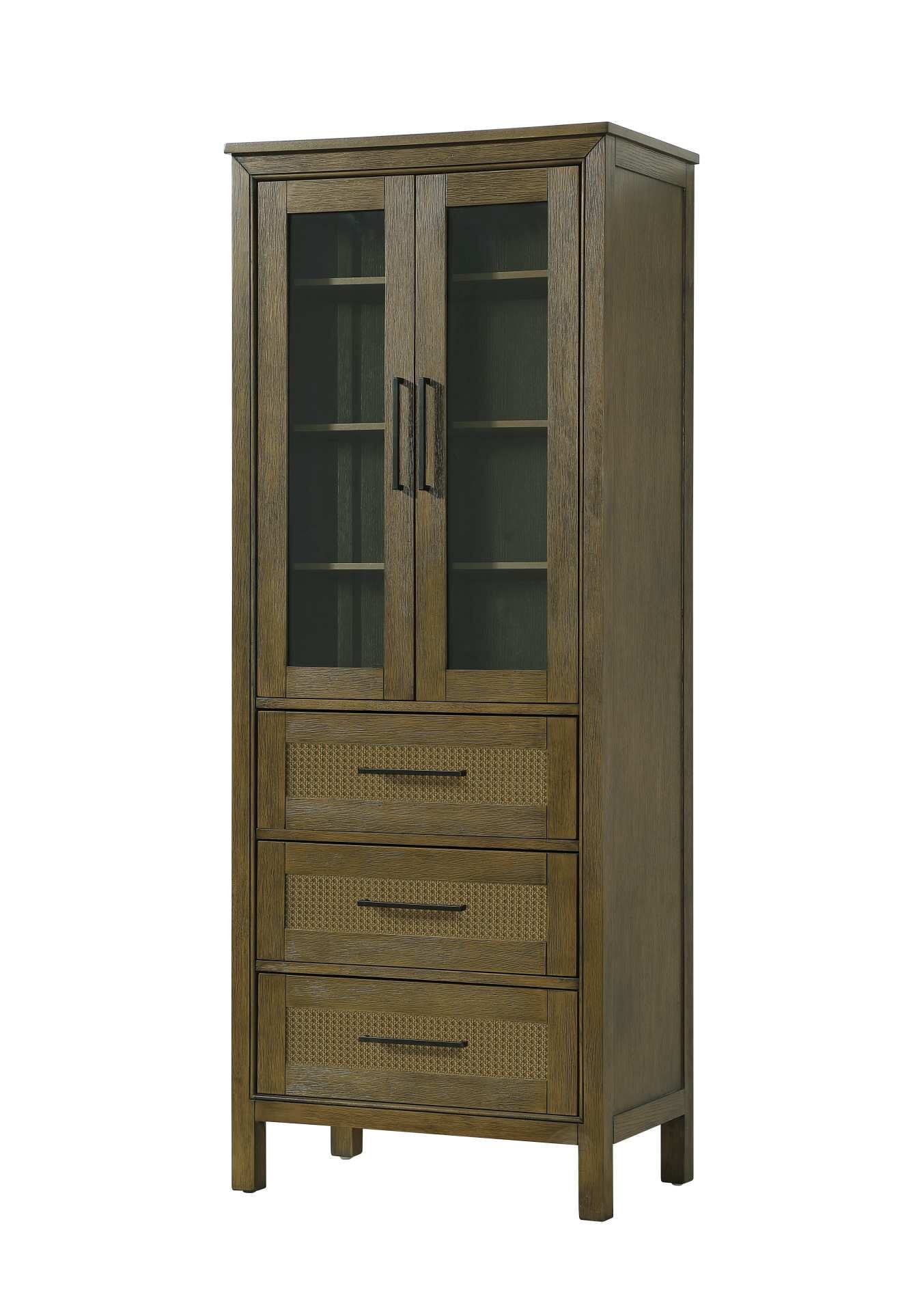 Dimensions
Length: 28"
Width: 18"
Height: 72"
Extension:
Depth:
Table Top Width: 28"
Specifications
Assembly Required: NO
Distressed Finish: NO
Finish (Color): Hazel Oak
Cabinet Material: MDF and Solid wood and glass
Hardware Finish: Black
Harware Material: Aluminum alloy
Product Shape: Rectangle
Product Type: Bathroom Storage Cabinet
Product Warranty: 1 year limited
176
Wire Included: No
Wood Type: rubberwood
Shipment type: LTL
Drawers
Drawers Included: YES
Number of Drawers: 3
False Drawers: NO
Drawer Width: 23.25
Drawer Depth: 15.125
Drawer Height: 8.375
Drawer Handle Designs: Bar pull
Shelves
Number of Shelves: 3
Shelf Width: 25.25
Cabinets
Number of Cabinets: 1
Cabinet Interior Width: 23.25
Cabinet Interior Depth: 17.32
Cabinet Interior Height: 35.5 - alternate view