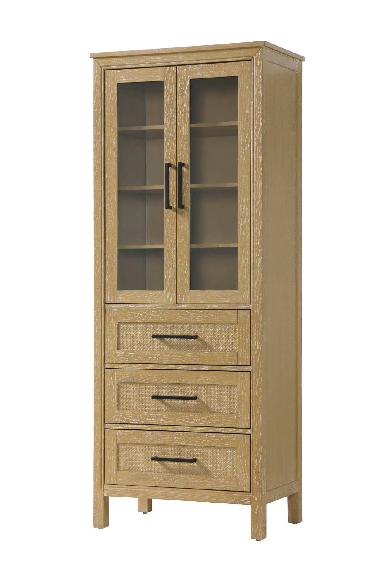 Dimensions
Length: 28"
Width: 18"
Height: 72"
Extension:
Depth:
Table Top Width: 28"
Specifications
Assembly Required: NO
Distressed Finish: NO
Finish (Color): Linen oak
Cabinet Material: MDF and Solid wood and glass
Hardware Finish: Black
Harware Material: Aluminum alloy
Product Shape: Rectangle
Product Type: Bathroom Storage Cabinet
Product Warranty: 1 year limited
176
Wire Included: No
Wood Type: rubberwood
Shipment type: LTL
Drawers
Drawers Included: YES
Number of Drawers: 3
False Drawers: NO
Drawer Width: 23.25
Drawer Depth: 15.125
Drawer Height: 8.375
Drawer Handle Designs: Bar pull
Shelves
Number of Shelves: 3
Shelf Width: 25.25
Cabinets
Number of Cabinets: 1
Cabinet Interior Width: 23.25
Cabinet Interior Depth: 17.32
Cabinet Interior Height: 35.5 - alternate view