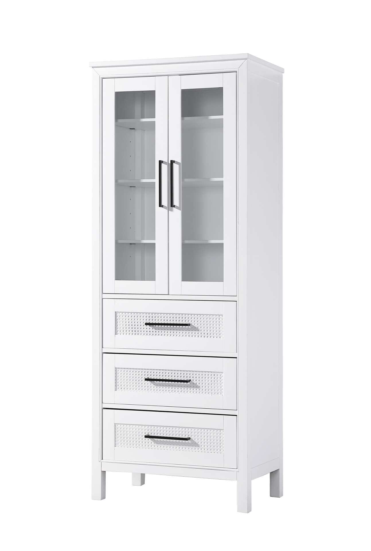 Dimensions
Length: 28"
Width: 18"
Height: 72"
Extension:
Depth:
Table Top Width: 28"
Specifications
Assembly Required: NO
Distressed Finish: NO
Finish (Color): White
Cabinet Material: MDF and Solid wood and glass
Hardware Finish: Black
Harware Material: Aluminum alloy
Product Shape: Rectangle
Product Type: Bathroom Storage Cabinet
Product Warranty: 1 year limited
176
Wire Included: No
Wood Type: rubberwood
Shipment type: LTL
Drawers
Drawers Included: YES
Number of Drawers: 3
False Drawers: NO
Drawer Width: 23.25
Drawer Depth: 15.125
Drawer Height: 8.375
Drawer Handle Designs: Bar pull
Shelves
Number of Shelves: 3
Shelf Width: 25.25
Cabinets
Number of Cabinets: 1
Cabinet Interior Width: 23.25
Cabinet Interior Depth: 17.32
Cabinet Interior Height: 35.5 - alternate view
