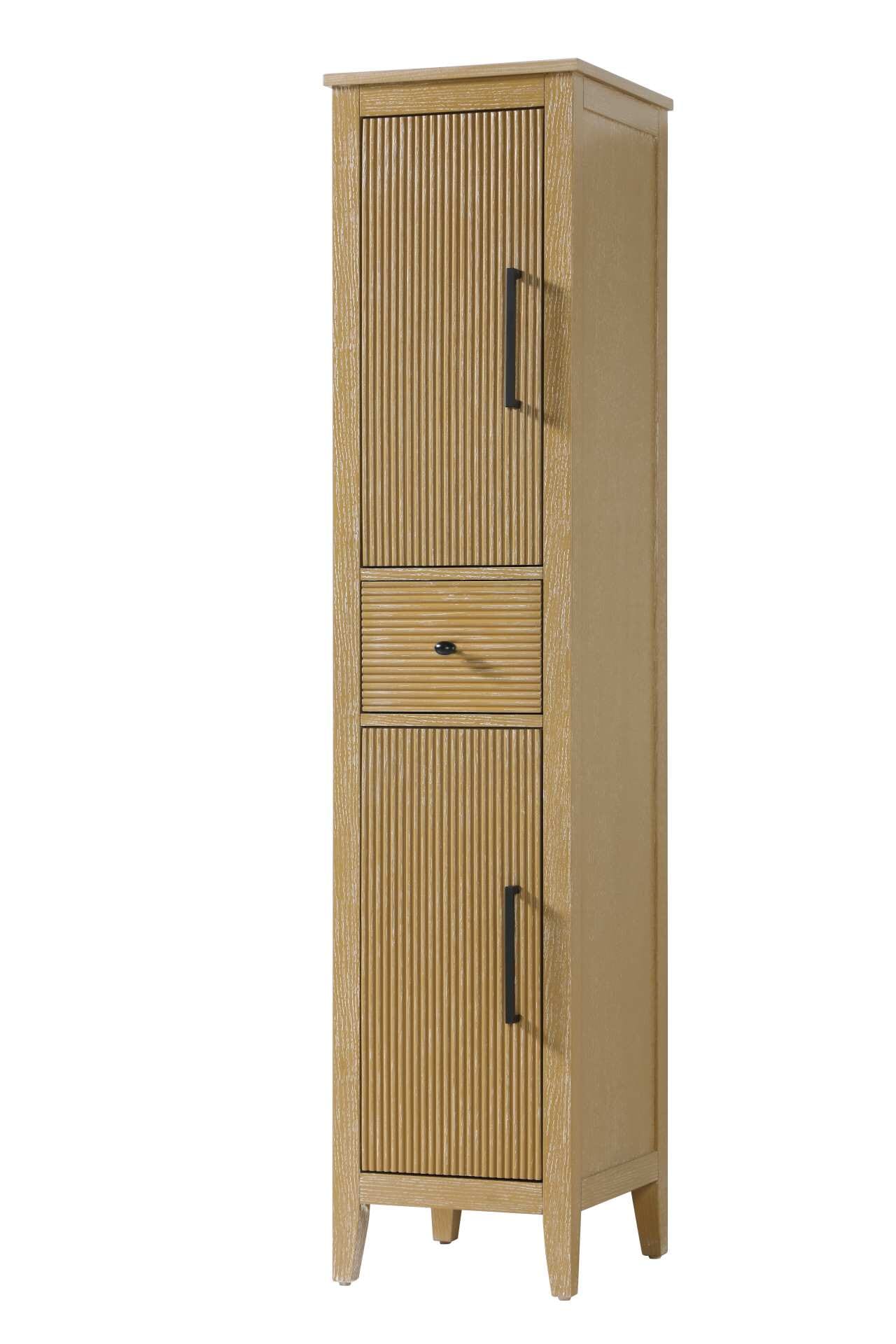 Dimensions
Length: 16"
Width: 18"
Height: 72"
Extension:
Depth:
Table Top Width: 16"
Specifications
Assembly Required: NO
Distressed Finish: NO
Finish (Color): Linen oak
Cabinet Material: MDF and Solid wood
Hardware Finish: Black
Harware Material: Aluminum alloy
Product Shape: Rectangle
Product Type: Bathroom Storage Cabinet
Product Warranty: 1 year limited
108
Wire Included: No
Wood Type: rubberwood
Shipment type: LTL
Drawers
Drawers Included: YES
Number of Drawers: 1
False Drawers: NO
Drawer Width: 11.25
Drawer Depth: 15.125
Drawer Height: 7.625
Drawer Handle Designs: knob
Shelves
Number of Shelves: 2
Shelf Width: 13.25
Cabinets
Number of Cabinets: 2
Cabinet Interior Width: 11.5
Cabinet Interior Depth: 17.32
Cabinet Interior Height: 26.875,27.125 - alternate view