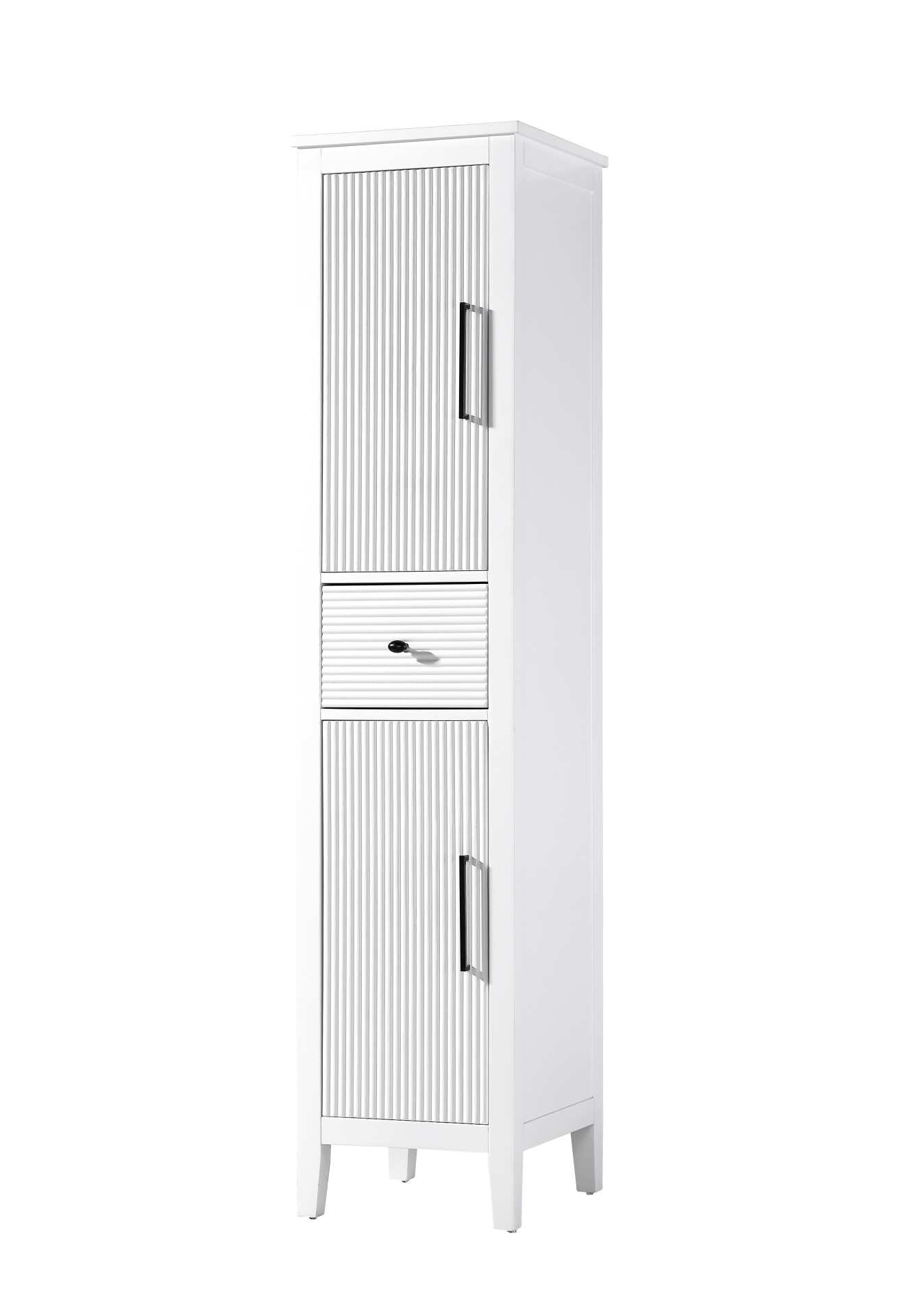 Dimensions
Length: 16"
Width: 18"
Height: 72"
Extension:
Depth:
Table Top Width: 16"
Specifications
Assembly Required: NO
Distressed Finish: NO
Finish (Color): White
Cabinet Material: MDF and Solid wood
Hardware Finish: Black
Harware Material: Aluminum alloy
Product Shape: Rectangle
Product Type: Bathroom Storage Cabinet
Product Warranty: 1 year limited
108
Wire Included: No
Wood Type: rubberwood
Shipment type: LTL
Drawers
Drawers Included: YES
Number of Drawers: 1
False Drawers: NO
Drawer Width: 11.25
Drawer Depth: 15.125
Drawer Height: 7.625
Drawer Handle Designs: knob
Shelves
Number of Shelves: 2
Shelf Width: 13.25
Cabinets
Number of Cabinets: 2
Cabinet Interior Width: 11.5
Cabinet Interior Depth: 17.32
Cabinet Interior Height: 26.875,27.125 - alternate view
