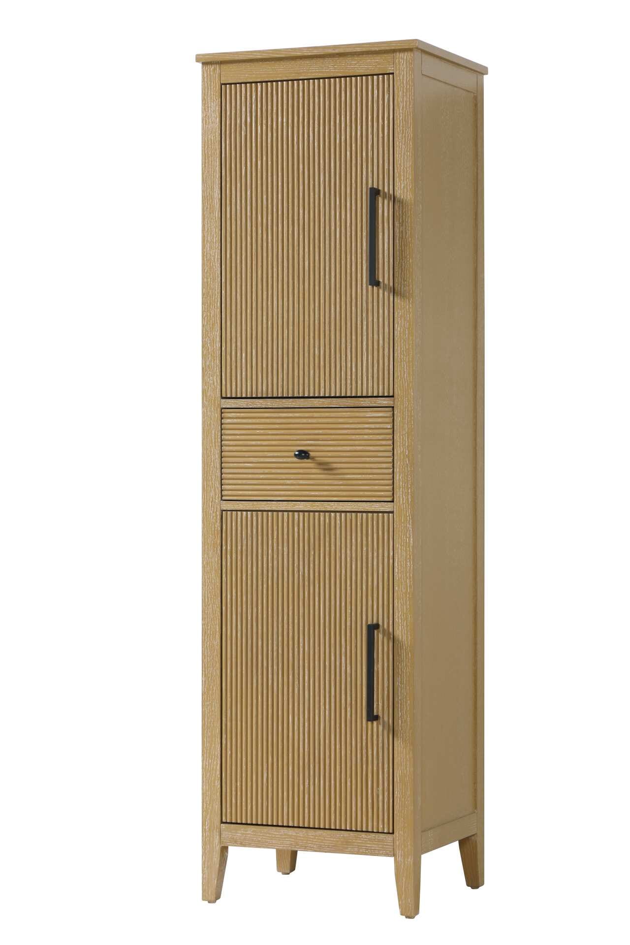 Dimensions
Length: 20"
Width: 18"
Height: 72"
Extension:
Depth:
Table Top Width: 20"
Specifications
Assembly Required: NO
Distressed Finish: NO
Finish (Color): Linen oak
Cabinet Material: MDF and Solid wood
Hardware Finish: Black
Harware Material: Aluminum alloy
Product Shape: Rectangle
Product Type: Bathroom Storage Cabinet
Product Warranty: 1 year limited
128
Wire Included: No
Wood Type: rubberwood
Shipment type: LTL
Drawers
Drawers Included: YES
Number of Drawers: 1
False Drawers: NO
Drawer Width: 15.375
Drawer Depth: 15.125
Drawer Height: 7.625
Drawer Handle Designs: knob
Shelves
Number of Shelves: 2
Shelf Width: 17.25
Cabinets
Number of Cabinets: 2
Cabinet Interior Width: 15.5
Cabinet Interior Depth: 17.32
Cabinet Interior Height: 26.875,27.125 - alternate view
