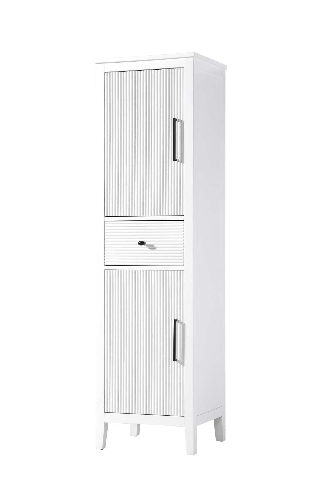 Dimensions
Length: 20"
Width: 18"
Height: 72"
Extension:
Depth:
Table Top Width: 20"
Specifications
Assembly Required: NO
Distressed Finish: NO
Finish (Color): White
Cabinet Material: MDF and Solid wood
Hardware Finish: Black
Harware Material: Aluminum alloy
Product Shape: Rectangle
Product Type: Bathroom Storage Cabinet
Product Warranty: 1 year limited
128
Wire Included: No
Wood Type: rubberwood
Shipment type: LTL
Drawers
Drawers Included: YES
Number of Drawers: 1
False Drawers: NO
Drawer Width: 15.375
Drawer Depth: 15.125
Drawer Height: 7.625
Drawer Handle Designs: knob
Shelves
Number of Shelves: 2
Shelf Width: 17.25
Cabinets
Number of Cabinets: 2
Cabinet Interior Width: 15.5
Cabinet Interior Depth: 17.32
Cabinet Interior Height: 26.875,27.125 - alternate view