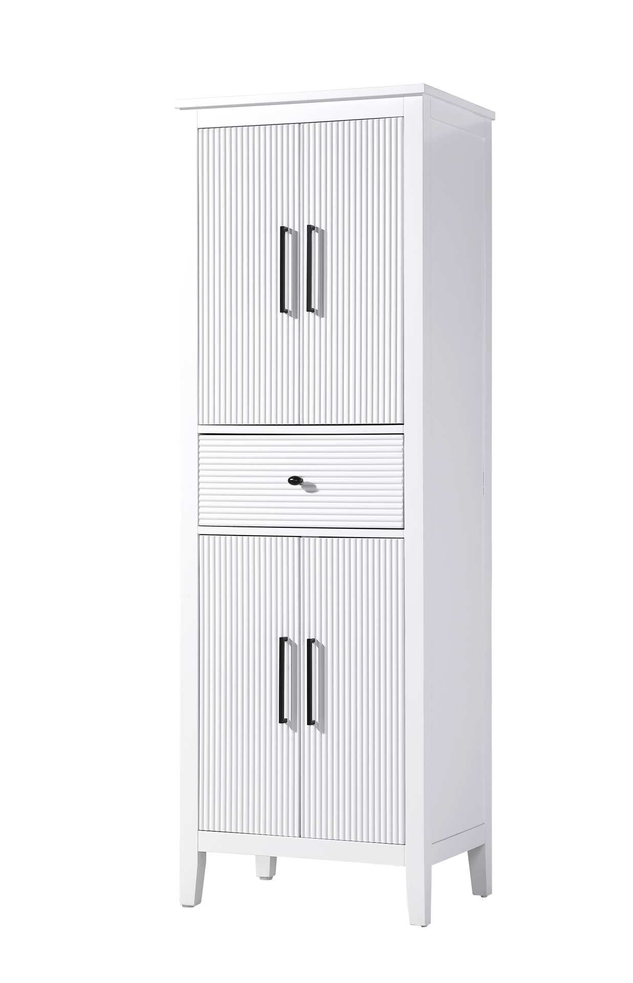 Dimensions
Length: 24"
Width: 18"
Height: 72"
Extension:
Depth:
Table Top Width: 24"
Specifications
Assembly Required: NO
Distressed Finish: NO
Finish (Color): White
Cabinet Material: MDF and Solid wood
Hardware Finish: Black
Harware Material: Aluminum alloy
Product Shape: Rectangle
Product Type: Bathroom Storage Cabinet
Product Warranty: 1 year limited
141
Wire Included: No
Wood Type: rubberwood
Shipment type: LTL
Drawers
Drawers Included: YES
Number of Drawers: 1
False Drawers: NO
Drawer Width: 19.375
Drawer Depth: 15.125
Drawer Height: 7.625
Drawer Handle Designs: knob
Shelves
Number of Shelves: 2
Shelf Width: 21.25
Cabinets
Number of Cabinets: 2
Cabinet Interior Width: 19.5
Cabinet Interior Depth: 17.32
Cabinet Interior Height: 26.875,27.125 - alternate view