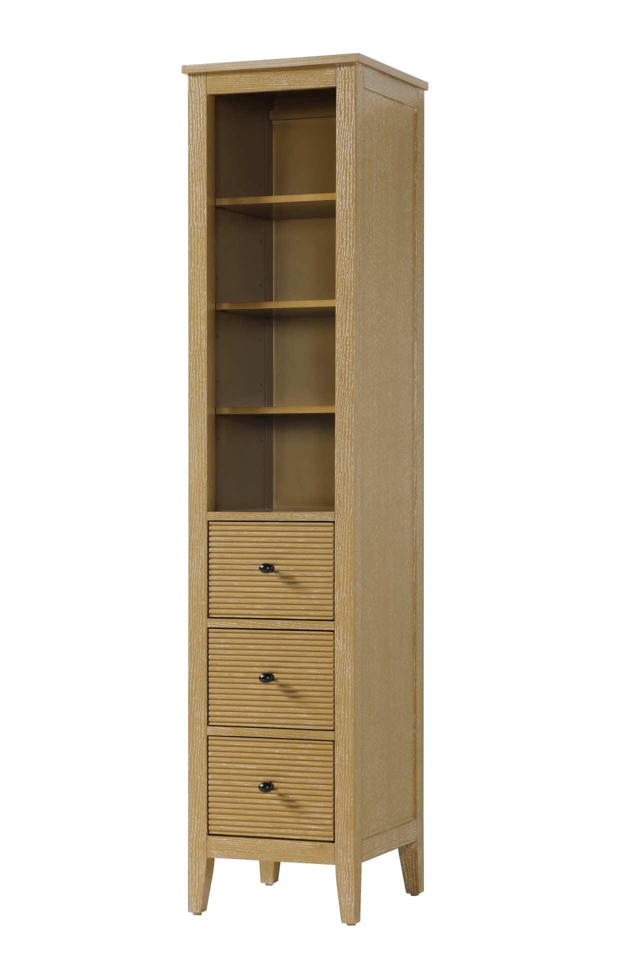 Dimensions
Length: 16"
Width: 18"
Height: 72"
Extension:
Depth:
Table Top Width: 16"
Specifications
Assembly Required: NO
Distressed Finish: NO
Finish (Color): Linen oak
Cabinet Material: MDF and Solid wood
Hardware Finish: Black
Harware Material: Aluminum alloy
Product Shape: Rectangle
Product Type: Bathroom Storage Cabinet
Product Warranty: 1 year limited
119
Wire Included: No
Wood Type: rubberwood
Shipment type: LTL
Drawers
Drawers Included: YES
Number of Drawers: 3
False Drawers: NO
Drawer Width: 11.25
Drawer Depth: 15.125
Drawer Height: 8.375
Drawer Handle Designs: knob
Shelves
Number of Shelves: 3
Shelf Width: 13.25
Cabinets
Number of Cabinets: 0
Cabinet Interior Width:
Cabinet Interior Depth:
Cabinet Interior Height: - alternate view
