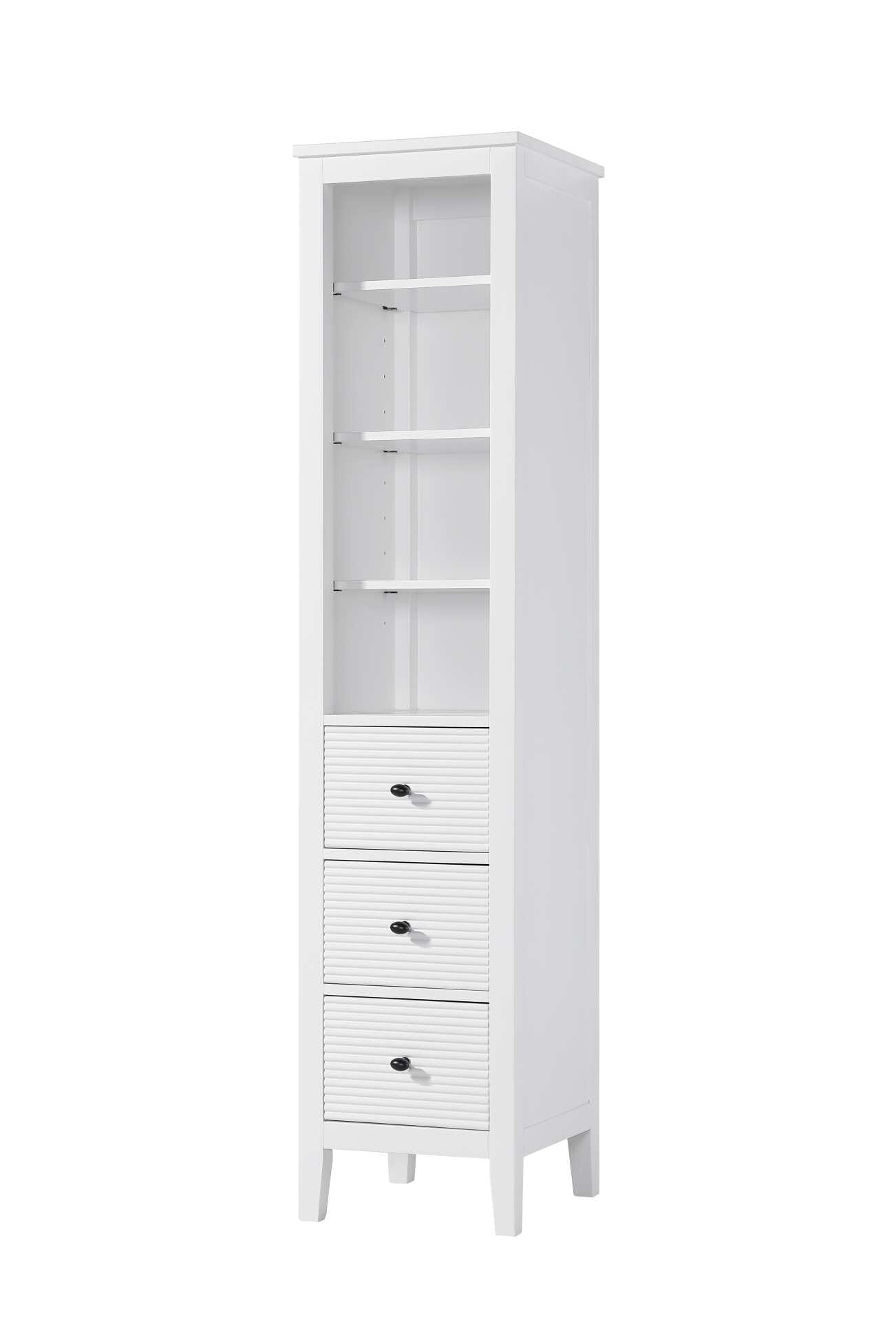 Dimensions
Length: 28"
Width: 18"
Height: 72"
Extension:
Depth:
Table Top Width: 16"
Specifications
Assembly Required: NO
Distressed Finish: NO
Finish (Color): White
Cabinet Material: MDF and Solid wood
Hardware Finish: Black
Harware Material: Aluminum alloy
Product Shape: Rectangle
Product Type: Bathroom Storage Cabinet
Product Warranty: 1 year limited
119
Wire Included: No
Wood Type: rubberwood
Shipment type: LTL
Drawers
Drawers Included: YES
Number of Drawers: 3
False Drawers: NO
Drawer Width: 11.25
Drawer Depth: 15.125
Drawer Height: 8.375
Drawer Handle Designs: knob
Shelves
Number of Shelves: 3
Shelf Width: 13.25
Cabinets
Number of Cabinets: 0
Cabinet Interior Width:
Cabinet Interior Depth:
Cabinet Interior Height: - alternate view