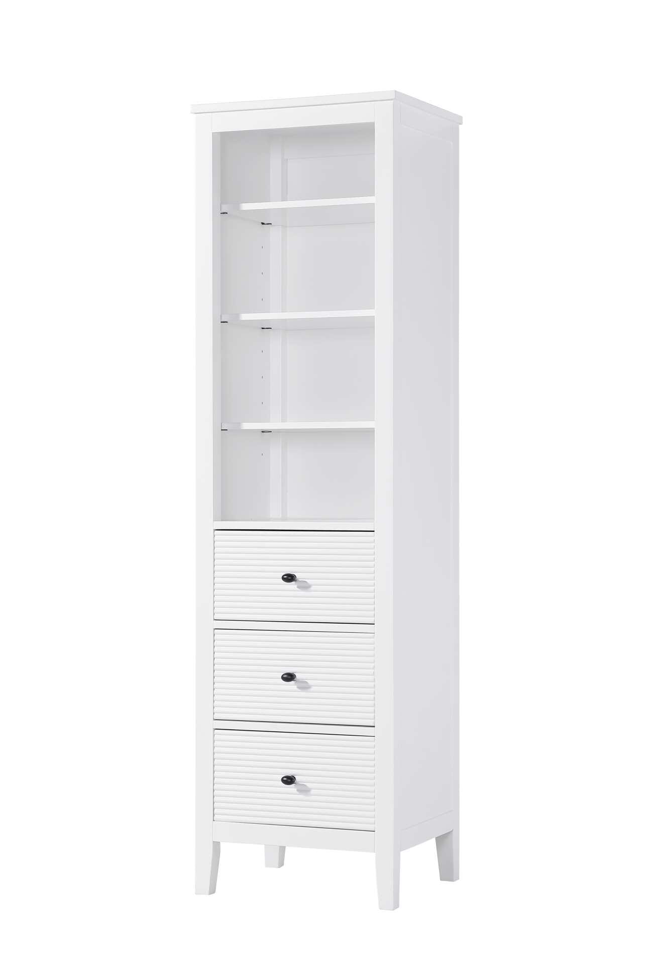 Dimensions
Length: 20"
Width: 18"
Height: 72"
Extension:
Depth:
Table Top Width: 20"
Specifications
Assembly Required: NO
Distressed Finish: NO
Finish (Color): White
Cabinet Material: MDF and Solid wood
Hardware Finish: Black
Harware Material: Aluminum alloy
Product Shape: Rectangle
Product Type: Bathroom Storage Cabinet
Product Warranty: 1 year limited
134
Wire Included: No
Wood Type: rubberwood
Shipment type: LTL
Drawers
Drawers Included: YES
Number of Drawers: 3
False Drawers: NO
Drawer Width: 15.375
Drawer Depth: 15.125
Drawer Height: 8.375
Drawer Handle Designs: knob
Shelves
Number of Shelves: 3
Shelf Width: 17.25
Cabinets
Number of Cabinets: 0
Cabinet Interior Width:
Cabinet Interior Depth:
Cabinet Interior Height: - alternate view