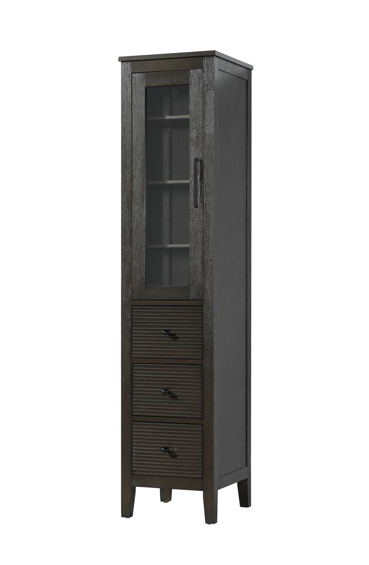 Dimensions
Length: 16"
Width: 18"
Height: 72"
Extension:
Depth:
Table Top Width: 16"
Specifications
Assembly Required: NO
Distressed Finish: NO
Finish (Color): Chocolate Oak
Cabinet Material: MDF and Solid wood and glass
Hardware Finish: Black
Harware Material: Aluminum alloy
Product Shape: Rectangle
Product Type: Bathroom Storage Cabinet
Product Warranty: 1 year limited
125
Wire Included: No
Wood Type: rubberwood
Shipment type: LTL
Drawers
Drawers Included: YES
Number of Drawers: 3
False Drawers: NO
Drawer Width: 11.25
Drawer Depth: 15.125
Drawer Height: 9.75
Drawer Handle Designs: knob
Shelves
Number of Shelves: 3
Shelf Width: 13.25
Cabinets
Number of Cabinets: 1
Cabinet Interior Width: 11.5
Cabinet Interior Depth: 17.32
Cabinet Interior Height: 31.375 - alternate view