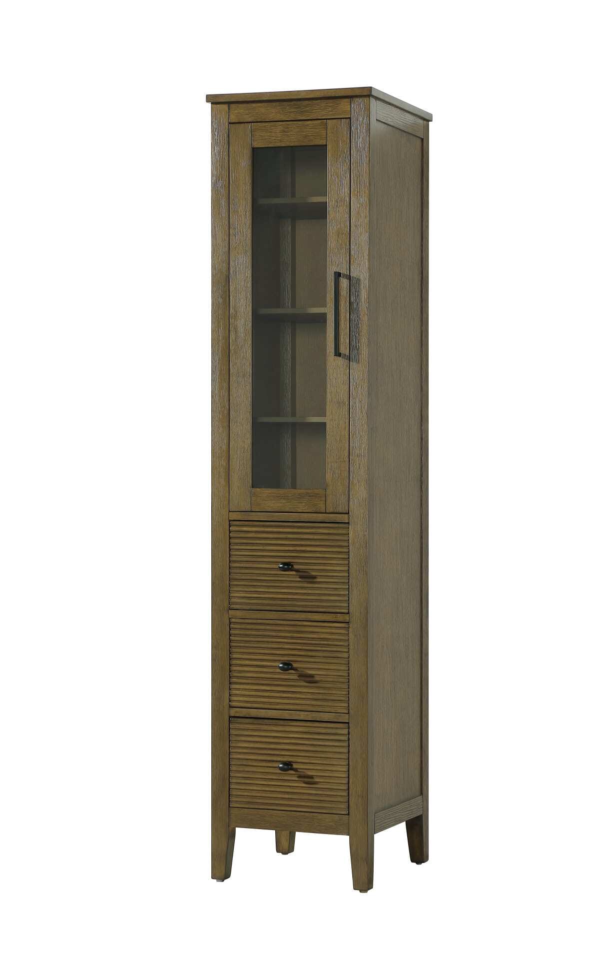 Dimensions
Length: 16"
Width: 18"
Height: 72"
Extension:
Depth:
Table Top Width: 16"
Specifications
Assembly Required: NO
Distressed Finish: NO
Finish (Color): Hazel Oak
Cabinet Material: MDF and Solid wood and glass
Hardware Finish: Black
Harware Material: Aluminum alloy
Product Shape: Rectangle
Product Type: Bathroom Storage Cabinet
Product Warranty: 1 year limited
125
Wire Included: No
Wood Type: rubberwood
Shipment type: LTL
Drawers
Drawers Included: YES
Number of Drawers: 3
False Drawers: NO
Drawer Width: 11.25
Drawer Depth: 15.125
Drawer Height: 9.75
Drawer Handle Designs: knob
Shelves
Number of Shelves: 3
Shelf Width: 13.25
Cabinets
Number of Cabinets: 1
Cabinet Interior Width: 11.5
Cabinet Interior Depth: 17.32
Cabinet Interior Height: 31.375 - alternate view