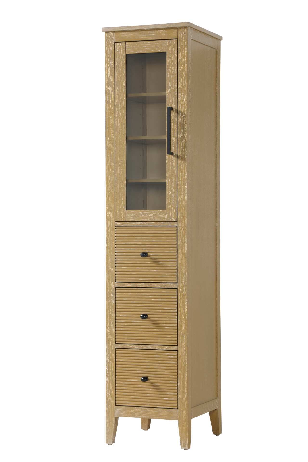 Dimensions
Length: 16"
Width: 18"
Height: 72"
Extension:
Depth:
Table Top Width: 16"
Specifications
Assembly Required: NO
Distressed Finish: NO
Finish (Color): Linen oak
Cabinet Material: MDF and Solid wood and glass
Hardware Finish: Black
Harware Material: Aluminum alloy
Product Shape: Rectangle
Product Type: Bathroom Storage Cabinet
Product Warranty: 1 year limited
125
Wire Included: No
Wood Type: rubberwood
Shipment type: LTL
Drawers
Drawers Included: YES
Number of Drawers: 3
False Drawers: NO
Drawer Width: 11.25
Drawer Depth: 15.125
Drawer Height: 9.75
Drawer Handle Designs: knob
Shelves
Number of Shelves: 3
Shelf Width: 13.25
Cabinets
Number of Cabinets: 1
Cabinet Interior Width: 11.5
Cabinet Interior Depth: 17.32
Cabinet Interior Height: 31.375 - alternate view