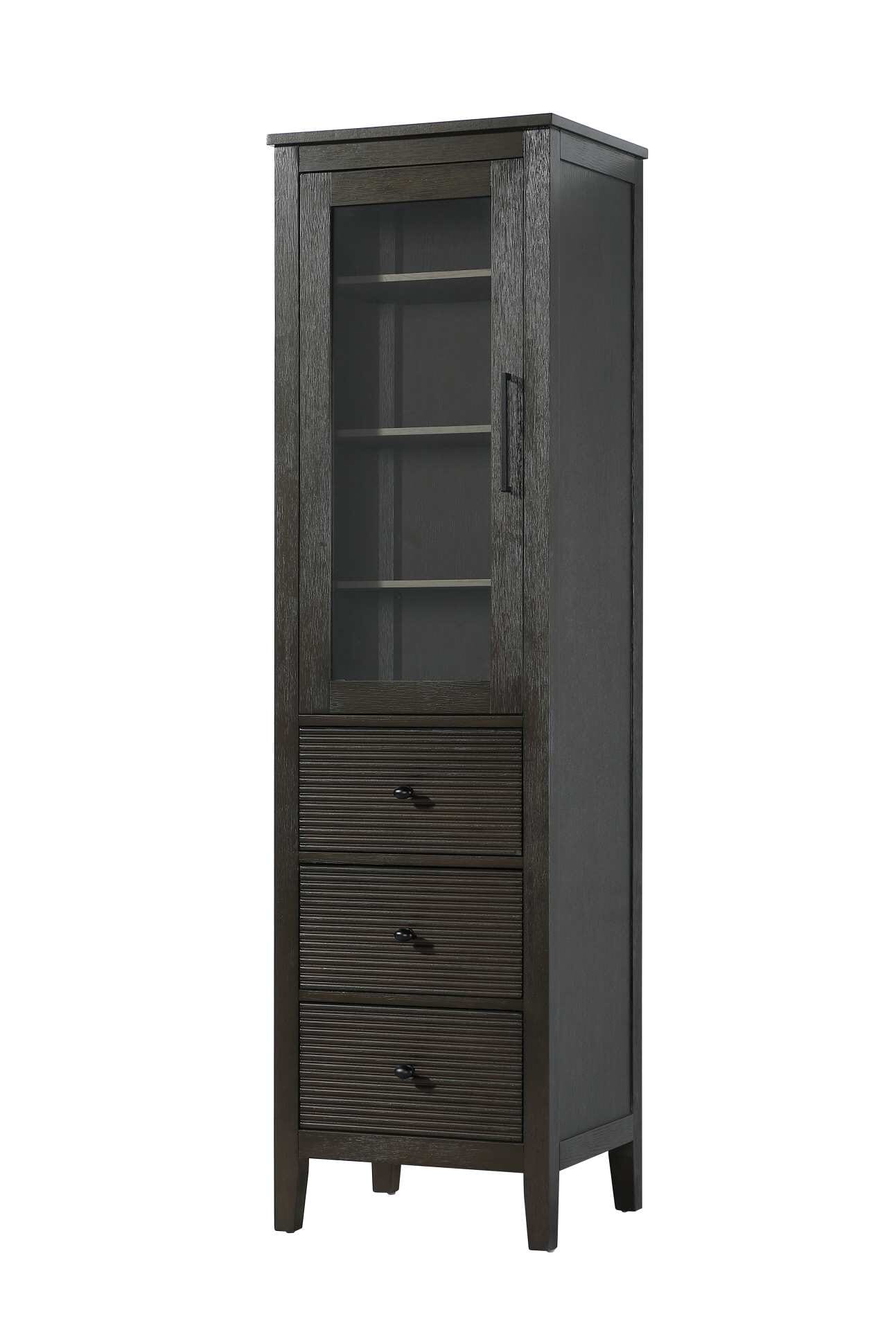 Dimensions
Length: 20"
Width: 18"
Height: 72"
Extension:
Depth:
Table Top Width: 20"
Specifications
Assembly Required: NO
Distressed Finish: NO
Finish (Color): Chocolate Oak
Cabinet Material: MDF and Solid wood and glass
Hardware Finish: Black
Harware Material: Aluminum alloy
Product Shape: Rectangle
Product Type: Bathroom Storage Cabinet
Product Warranty: 1 year limited
143
Wire Included: No
Wood Type: rubberwood
Shipment type: LTL
Drawers
Drawers Included: YES
Number of Drawers: 3
False Drawers: NO
Drawer Width: 15.375
Drawer Depth: 15.125
Drawer Height: 9.75
Drawer Handle Designs: knob
Shelves
Number of Shelves: 3
Shelf Width: 17.25
Cabinets
Number of Cabinets: 1
Cabinet Interior Width: 15.5
Cabinet Interior Depth: 17.32
Cabinet Interior Height: 31.375 - alternate view