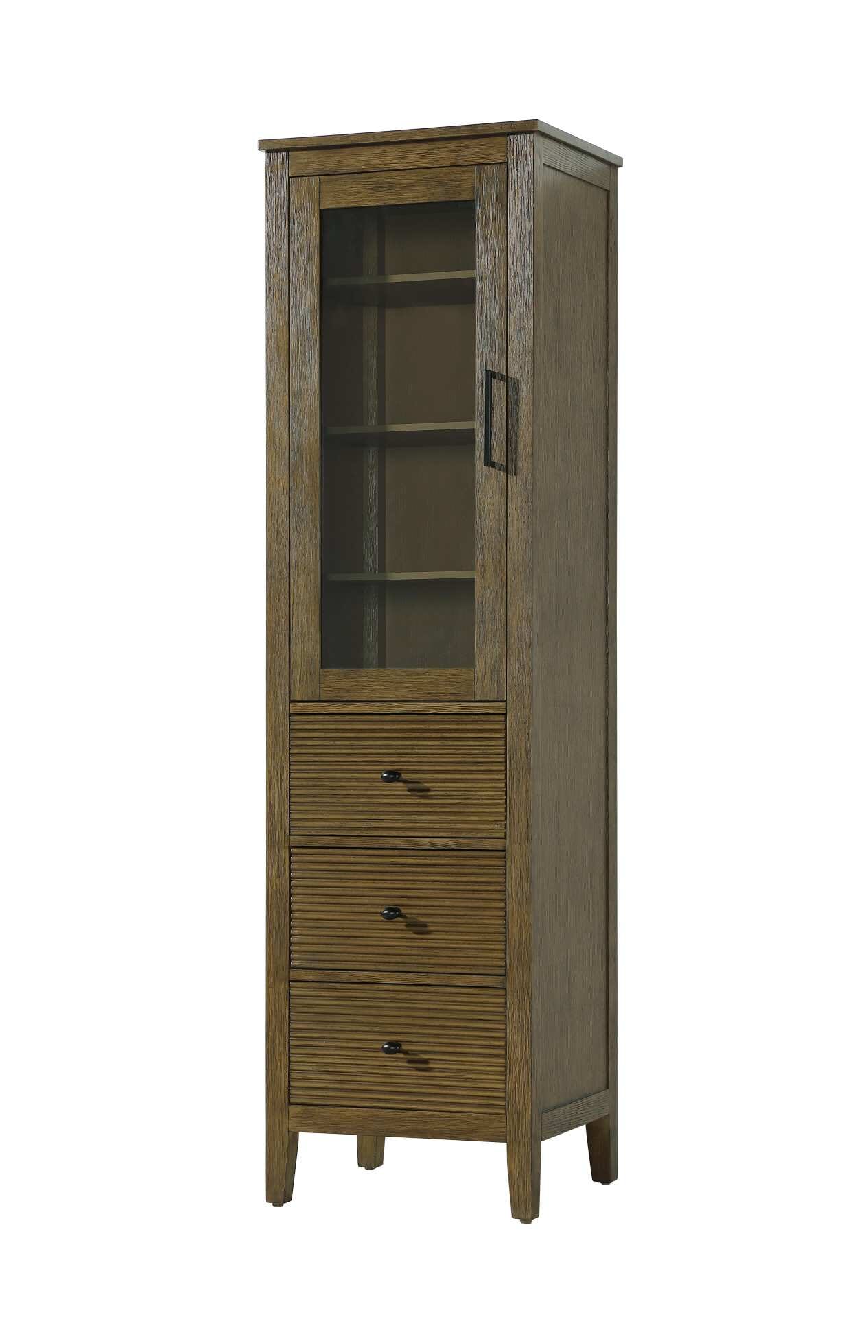 Dimensions
Length: 20"
Width: 18"
Height: 72"
Extension:
Depth:
Table Top Width: 20"
Specifications
Assembly Required: NO
Distressed Finish: NO
Finish (Color): Hazel Oak
Cabinet Material: MDF and Solid wood and glass
Hardware Finish: Black
Harware Material: Aluminum alloy
Product Shape: Rectangle
Product Type: Bathroom Storage Cabinet
Product Warranty: 1 year limited
143
Wire Included: No
Wood Type: rubberwood
Shipment type: LTL
Drawers
Drawers Included: YES
Number of Drawers: 3
False Drawers: NO
Drawer Width: 15.375
Drawer Depth: 15.125
Drawer Height: 9.75
Drawer Handle Designs: knob
Shelves
Number of Shelves: 3
Shelf Width: 17.25
Cabinets
Number of Cabinets: 1
Cabinet Interior Width: 15.5
Cabinet Interior Depth: 17.32
Cabinet Interior Height: 31.375 - alternate view