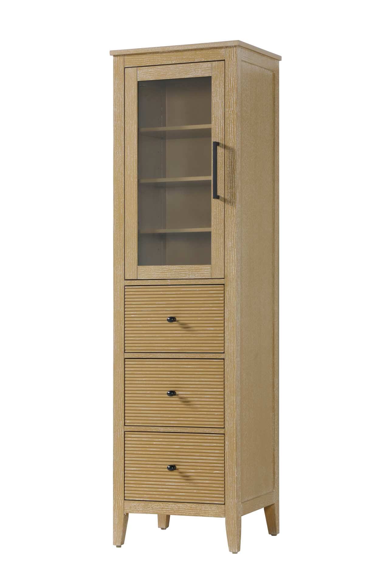 Dimensions
Length: 20"
Width: 18"
Height: 72"
Extension:
Depth:
Table Top Width: 20"
Specifications
Assembly Required: NO
Distressed Finish: NO
Finish (Color): Linen oak
Cabinet Material: MDF and Solid wood and glass
Hardware Finish: Black
Harware Material: Aluminum alloy
Product Shape: Rectangle
Product Type: Bathroom Storage Cabinet
Product Warranty: 1 year limited
143
Wire Included: No
Wood Type: rubberwood
Shipment type: LTL
Drawers
Drawers Included: YES
Number of Drawers: 3
False Drawers: NO
Drawer Width: 15.375
Drawer Depth: 15.125
Drawer Height: 9.75
Drawer Handle Designs: knob
Shelves
Number of Shelves: 3
Shelf Width: 17.25
Cabinets
Number of Cabinets: 1
Cabinet Interior Width: 15.5
Cabinet Interior Depth: 17.32
Cabinet Interior Height: 31.375 - alternate view