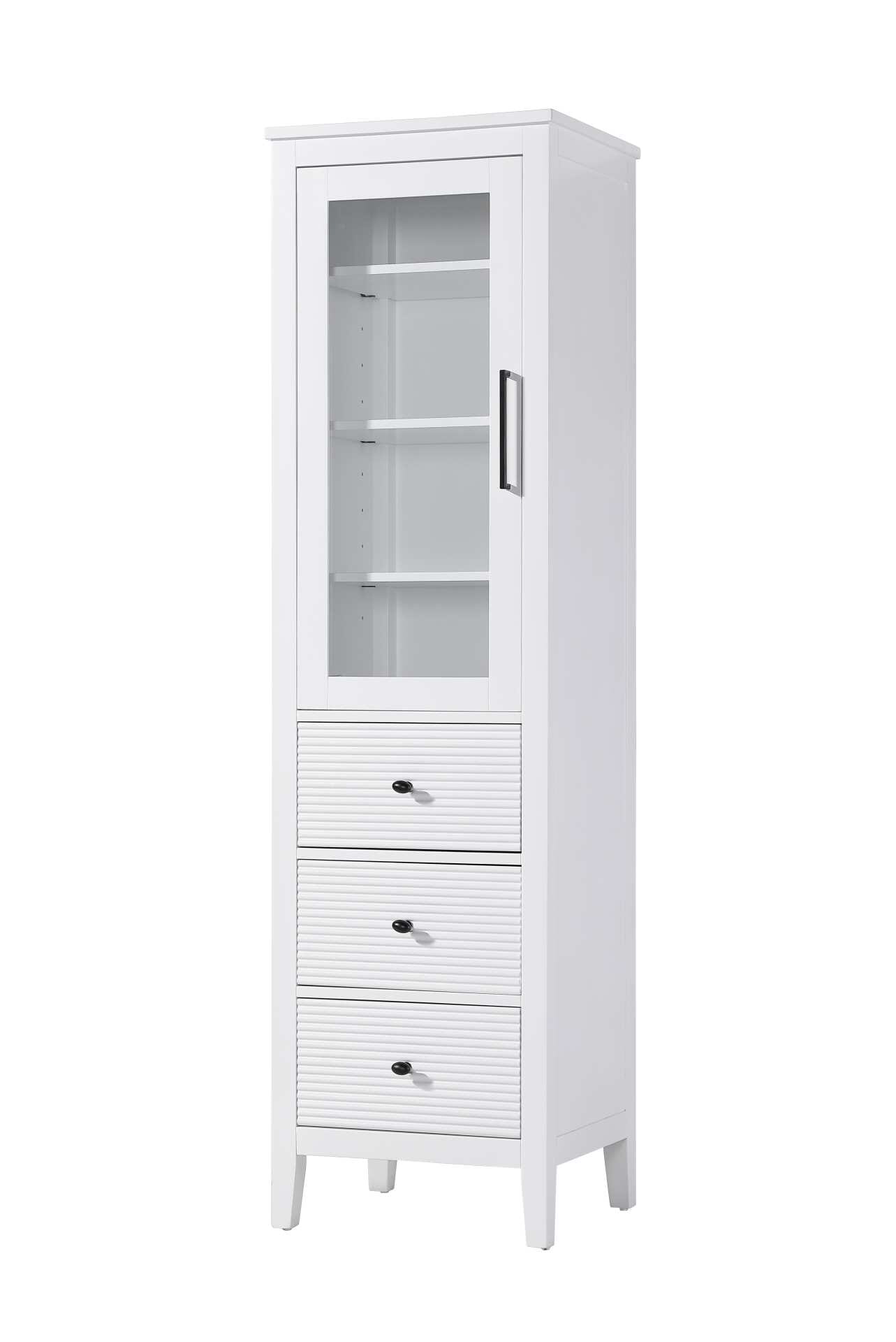 Dimensions
Length: 20"
Width: 18"
Height: 72"
Extension:
Depth:
Table Top Width: 20"
Specifications
Assembly Required: NO
Distressed Finish: NO
Finish (Color): White
Cabinet Material: MDF and Solid wood and glass
Hardware Finish: Black
Harware Material: Aluminum alloy
Product Shape: Rectangle
Product Type: Bathroom Storage Cabinet
Product Warranty: 1 year limited
143
Wire Included: No
Wood Type: rubberwood
Shipment type: LTL
Drawers
Drawers Included: YES
Number of Drawers: 3
False Drawers: NO
Drawer Width: 15.375
Drawer Depth: 15.125
Drawer Height: 9.75
Drawer Handle Designs: knob
Shelves
Number of Shelves: 3
Shelf Width: 17.25
Cabinets
Number of Cabinets: 1
Cabinet Interior Width: 15.5
Cabinet Interior Depth: 17.32
Cabinet Interior Height: 31.375 - alternate view