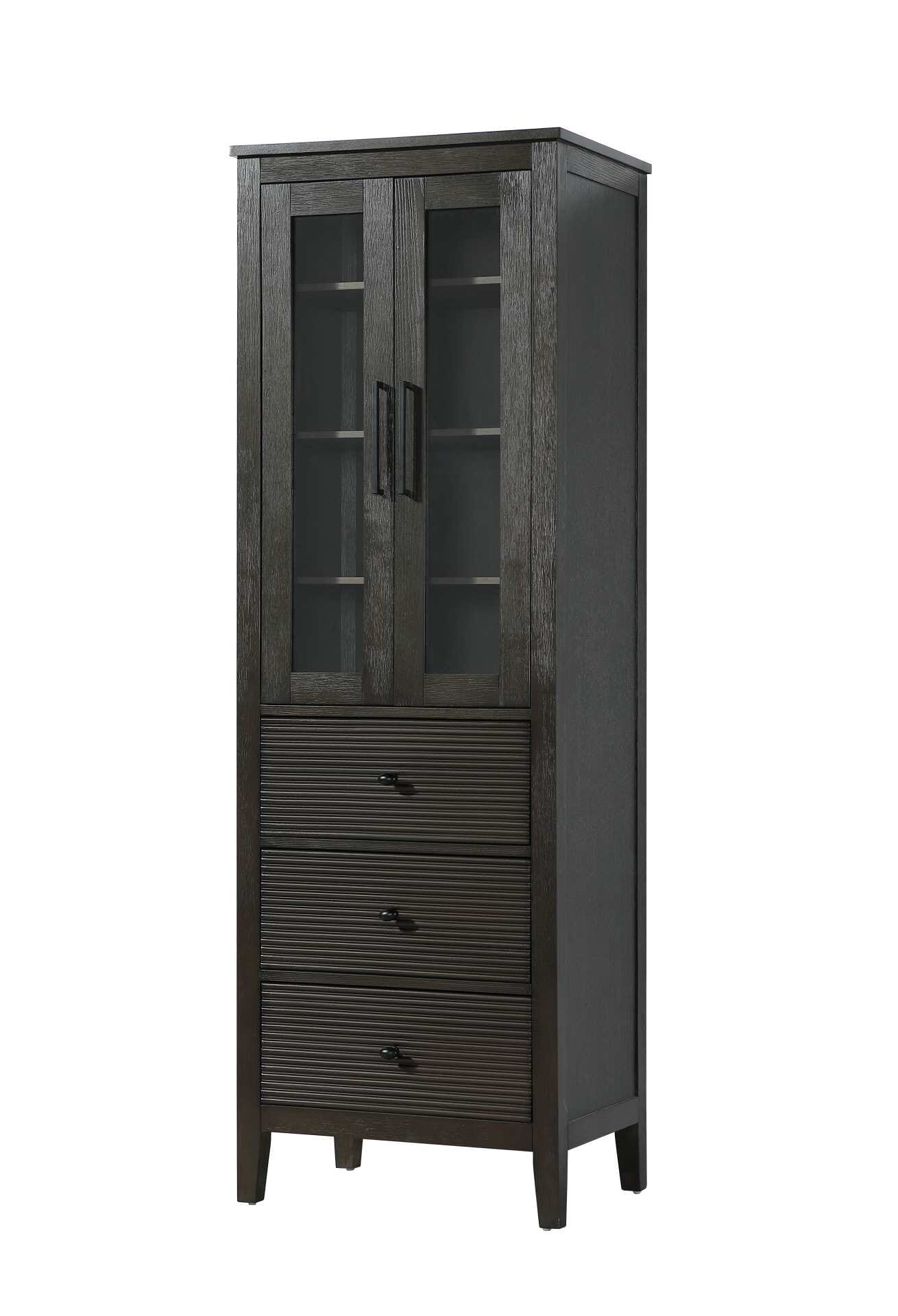 Dimensions
Length: 24"
Width: 18"
Height: 72"
Extension:
Depth:
Table Top Width: 24"
Specifications
Assembly Required: NO
Distressed Finish: NO
Finish (Color): Chocolate Oak
Cabinet Material: MDF and Solid wood and glass
Hardware Finish: Black
Harware Material: Aluminum alloy
Product Shape: Rectangle
Product Type: Bathroom Storage Cabinet
Product Warranty: 1 year limited
158
Wire Included: No
Wood Type: rubberwood
Shipment type: LTL
Drawers
Drawers Included: YES
Number of Drawers: 3
False Drawers: NO
Drawer Width: 19.375
Drawer Depth: 15.125
Drawer Height: 9.75
Drawer Handle Designs: knob
Shelves
Number of Shelves: 3
Shelf Width: 21.25
Cabinets
Number of Cabinets: 1
Cabinet Interior Width: 19.5
Cabinet Interior Depth: 17.32
Cabinet Interior Height: 31.375 - alternate view