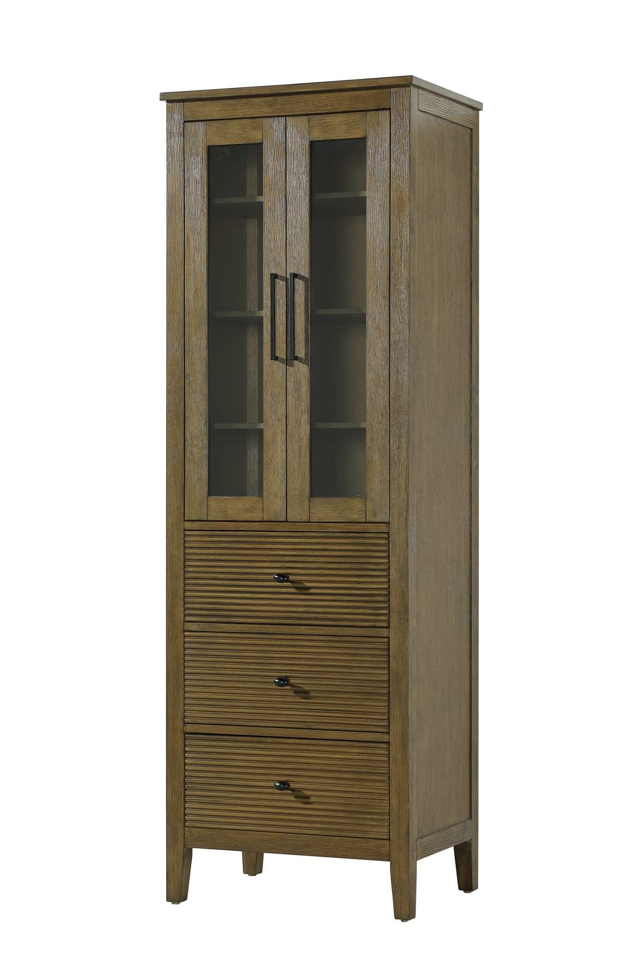 Dimensions
Length: 24"
Width: 18"
Height: 72"
Extension:
Depth:
Table Top Width: 24"
Specifications
Assembly Required: NO
Distressed Finish: NO
Finish (Color): Hazel Oak
Cabinet Material: MDF and Solid wood and glass
Hardware Finish: Black
Harware Material: Aluminum alloy
Product Shape: Rectangle
Product Type: Bathroom Storage Cabinet
Product Warranty: 1 year limited
158
Wire Included: No
Wood Type: rubberwood
Shipment type: LTL
Drawers
Drawers Included: YES
Number of Drawers: 3
False Drawers: NO
Drawer Width: 19.375
Drawer Depth: 15.125
Drawer Height: 9.75
Drawer Handle Designs: knob
Shelves
Number of Shelves: 3
Shelf Width: 21.25
Cabinets
Number of Cabinets: 1
Cabinet Interior Width: 19.5
Cabinet Interior Depth: 17.32
Cabinet Interior Height: 31.375 - alternate view