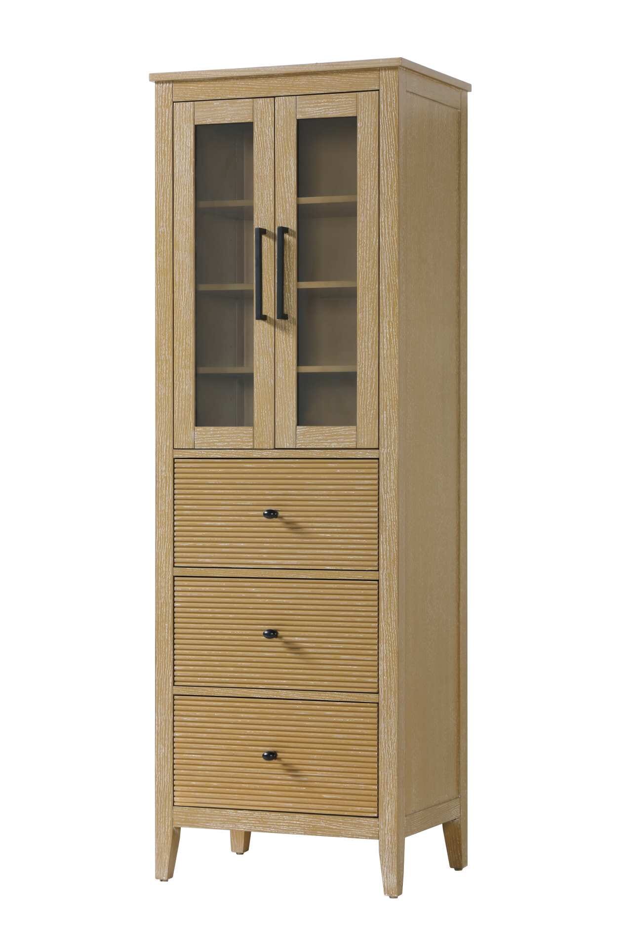 Dimensions
Length: 24"
Width: 18"
Height: 72"
Extension:
Depth:
Table Top Width: 24"
Specifications
Assembly Required: NO
Distressed Finish: NO
Finish (Color): Linen oak
Cabinet Material: MDF and Solid wood and glass
Hardware Finish: Black
Harware Material: Aluminum alloy
Product Shape: Rectangle
Product Type: Bathroom Storage Cabinet
Product Warranty: 1 year limited
158
Wire Included: No
Wood Type: rubberwood
Shipment type: LTL
Drawers
Drawers Included: YES
Number of Drawers: 3
False Drawers: NO
Drawer Width: 19.375
Drawer Depth: 15.125
Drawer Height: 9.75
Drawer Handle Designs: knob
Shelves
Number of Shelves: 3
Shelf Width: 21.25
Cabinets
Number of Cabinets: 1
Cabinet Interior Width: 19.5
Cabinet Interior Depth: 17.32
Cabinet Interior Height: 31.375 - alternate view