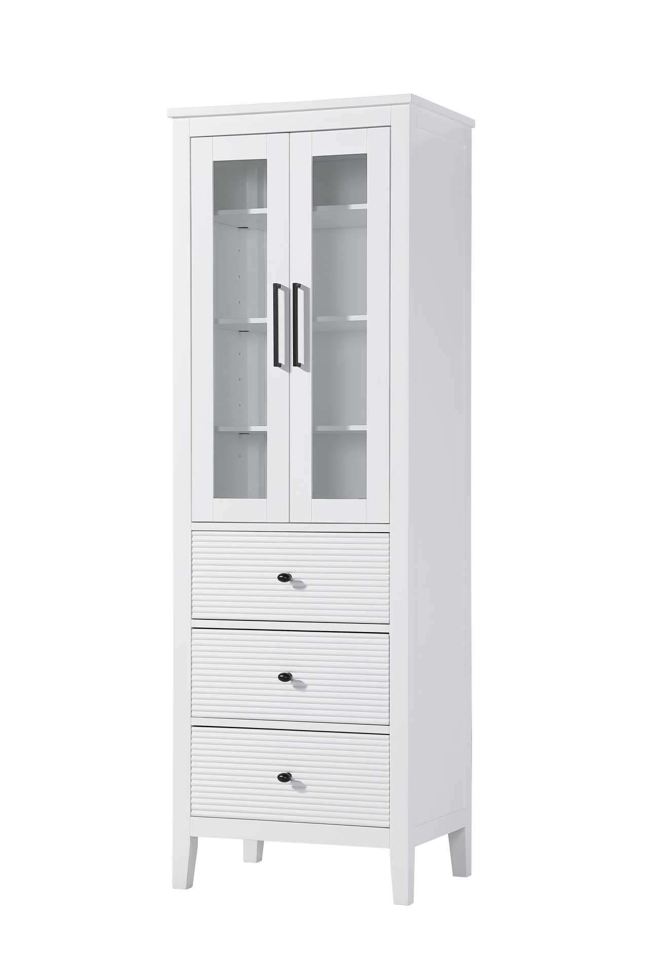Dimensions
Length: 24"
Width: 18"
Height: 72"
Extension:
Depth:
Table Top Width: 24"
Specifications
Assembly Required: NO
Distressed Finish: NO
Finish (Color): White
Cabinet Material: MDF and Solid wood and glass
Hardware Finish: Black
Harware Material: Aluminum alloy
Product Shape: Rectangle
Product Type: Bathroom Storage Cabinet
Product Warranty: 1 year limited
158
Wire Included: No
Wood Type: rubberwood
Shipment type: LTL
Drawers
Drawers Included: YES
Number of Drawers: 3
False Drawers: NO
Drawer Width: 19.375
Drawer Depth: 15.125
Drawer Height: 9.75
Drawer Handle Designs: knob
Shelves
Number of Shelves: 3
Shelf Width: 21.25
Cabinets
Number of Cabinets: 1
Cabinet Interior Width: 19.5
Cabinet Interior Depth: 17.32
Cabinet Interior Height: 31.375 - alternate view