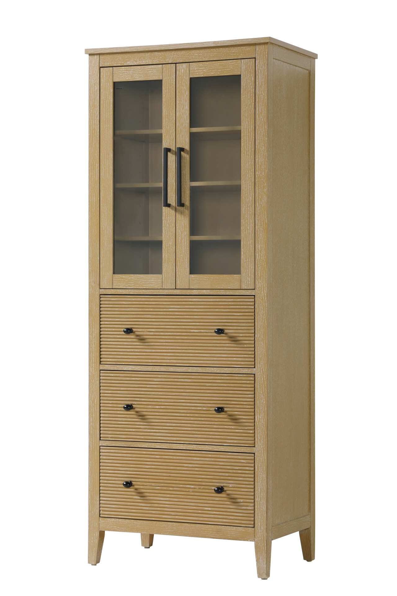 Dimensions
Length: 28"
Width: 18"
Height: 72"
Extension:
Depth:
Table Top Width: 28"
Specifications
Assembly Required: NO
Distressed Finish: NO
Finish (Color): Linen oak
Cabinet Material: MDF and Solid wood and glass
Hardware Finish: Black
Harware Material: Aluminum alloy
Product Shape: Rectangle
Product Type: Bathroom Storage Cabinet
Product Warranty: 1 year limited
176
Wire Included: No
Wood Type: rubberwood
Shipment type: LTL
Drawers
Drawers Included: YES
Number of Drawers: 3
False Drawers: NO
Drawer Width: 23.25
Drawer Depth: 15.125
Drawer Height: 9.75
Drawer Handle Designs: knob
Shelves
Number of Shelves: 3
Shelf Width: 25.25
Cabinets
Number of Cabinets: 1
Cabinet Interior Width: 23.5
Cabinet Interior Depth: 17.32
Cabinet Interior Height: 31.375 - alternate view