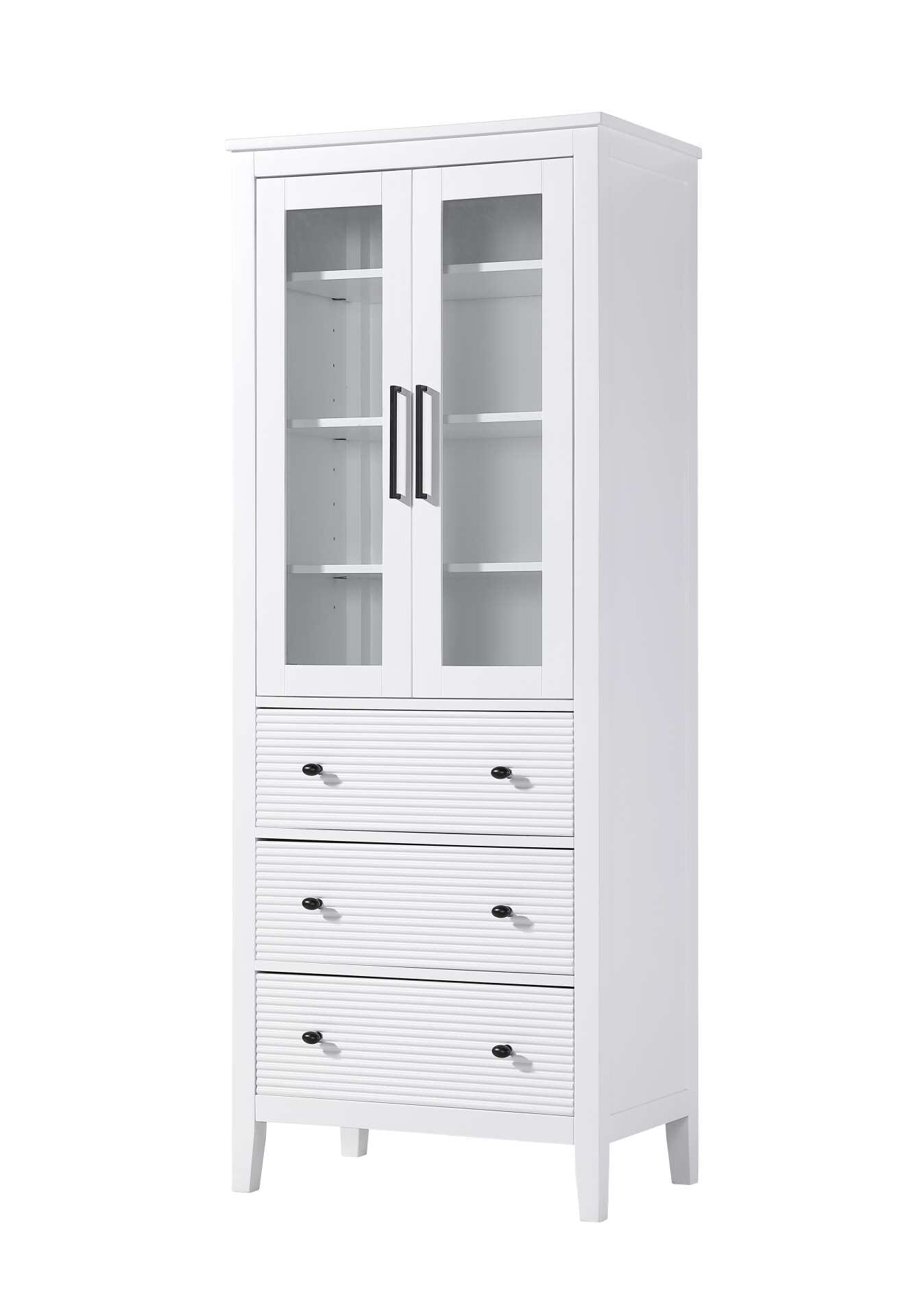 Dimensions
Length: 28"
Width: 18"
Height: 72"
Extension:
Depth:
Table Top Width: 28"
Specifications
Assembly Required: NO
Distressed Finish: NO
Finish (Color): White
Cabinet Material: MDF and Solid wood and glass
Hardware Finish: Black
Harware Material: Aluminum alloy
Product Shape: Rectangle
Product Type: Bathroom Storage Cabinet
Product Warranty: 1 year limited
176
Wire Included: No
Wood Type: rubberwood
Shipment type: LTL
Drawers
Drawers Included: YES
Number of Drawers: 3
False Drawers: NO
Drawer Width: 23.25
Drawer Depth: 15.125
Drawer Height: 9.75
Drawer Handle Designs: knob
Shelves
Number of Shelves: 3
Shelf Width: 25.25
Cabinets
Number of Cabinets: 1
Cabinet Interior Width: 23.5
Cabinet Interior Depth: 17.32
Cabinet Interior Height: 31.375 - alternate view