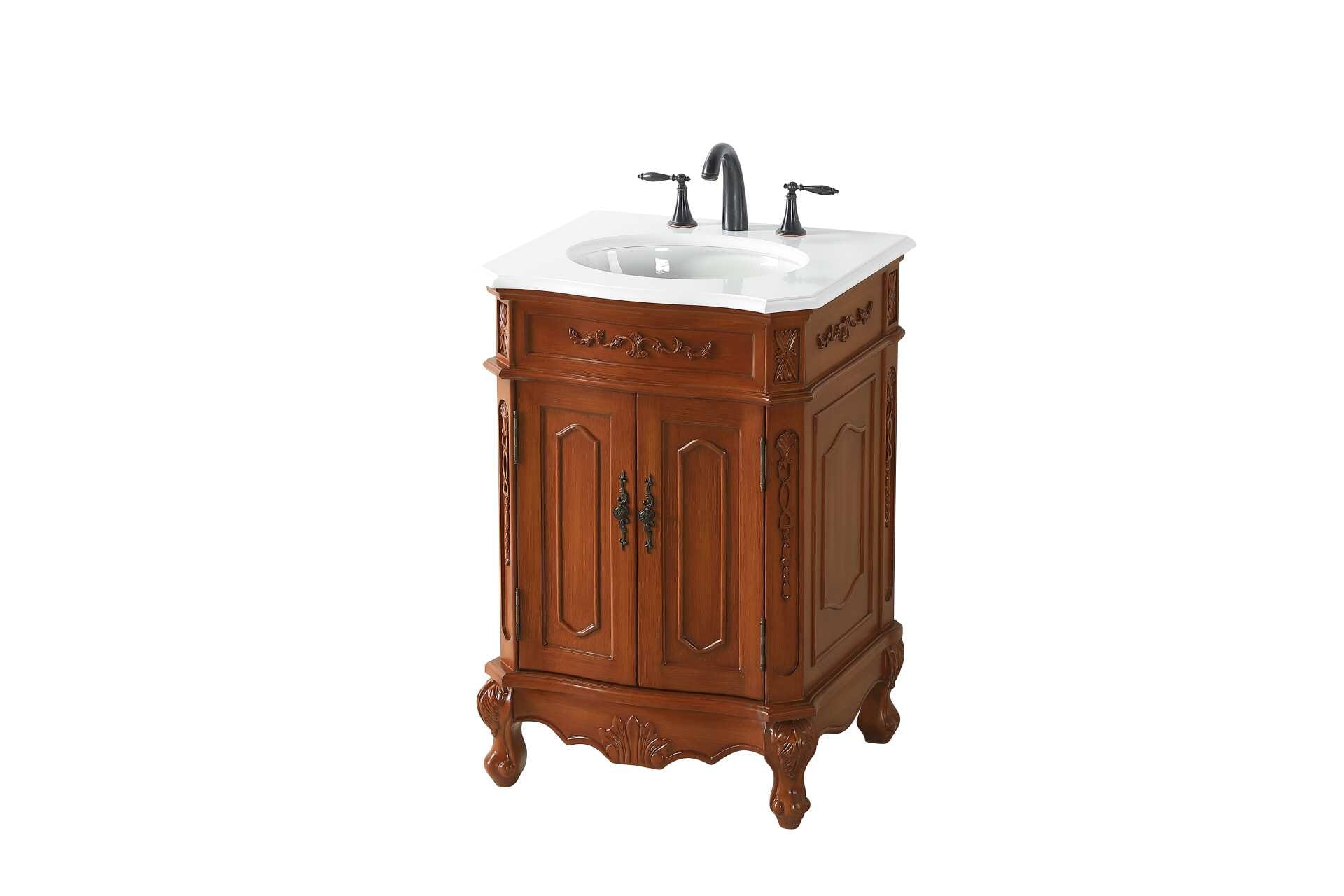 Dimensions
Length: 24"
Width: 21"
Height: 36"
Counter Top Length: 24"
Counter Top Width: 21"
Counter Top Height: 0.75"
Sink Width: 16"
Sink Depth: 13"
Sink Height: 7"
Sink Drain Hole Size: 1.75"
Faucet Hole Spacing: 8"3 Holes"
Specifications
Assembly Required: no
Base Material: Solid wood and MDF
Counter Top Edge Style: Ogee
Counter Top Finish: Ivory white
Distressed Finish: Yes
Finish (Color): Teak
Fixture Material: Solid Wood and MDF
Hardware Finish: Antique bronze
Harware Material: Aluminum alloy
Number of Faucet Holes: 3
Number of Sinks: 1
Product Shape: Rectangle
Product Type: Bathroom Vanities
Product Warranty: 1 year limited
Sink Mounting Type: Undermount
Vanity Backsplash: NO
Vanity Mounting Type: Free-Standing
Weight: 86
Wire Included: No
Wood Type: birch
Shipment type: Oversized Ground
US Shipping Cost: $128.00
Shelves
Number of Shelves: 1
Shelf Width: 16.75
Cabinets
Number of Cabinets: 1
Cabinet Interior Width: 16.75
Cabinet Interior Depth: 17
Cabinet Interior Height: 19.75 - alternate view