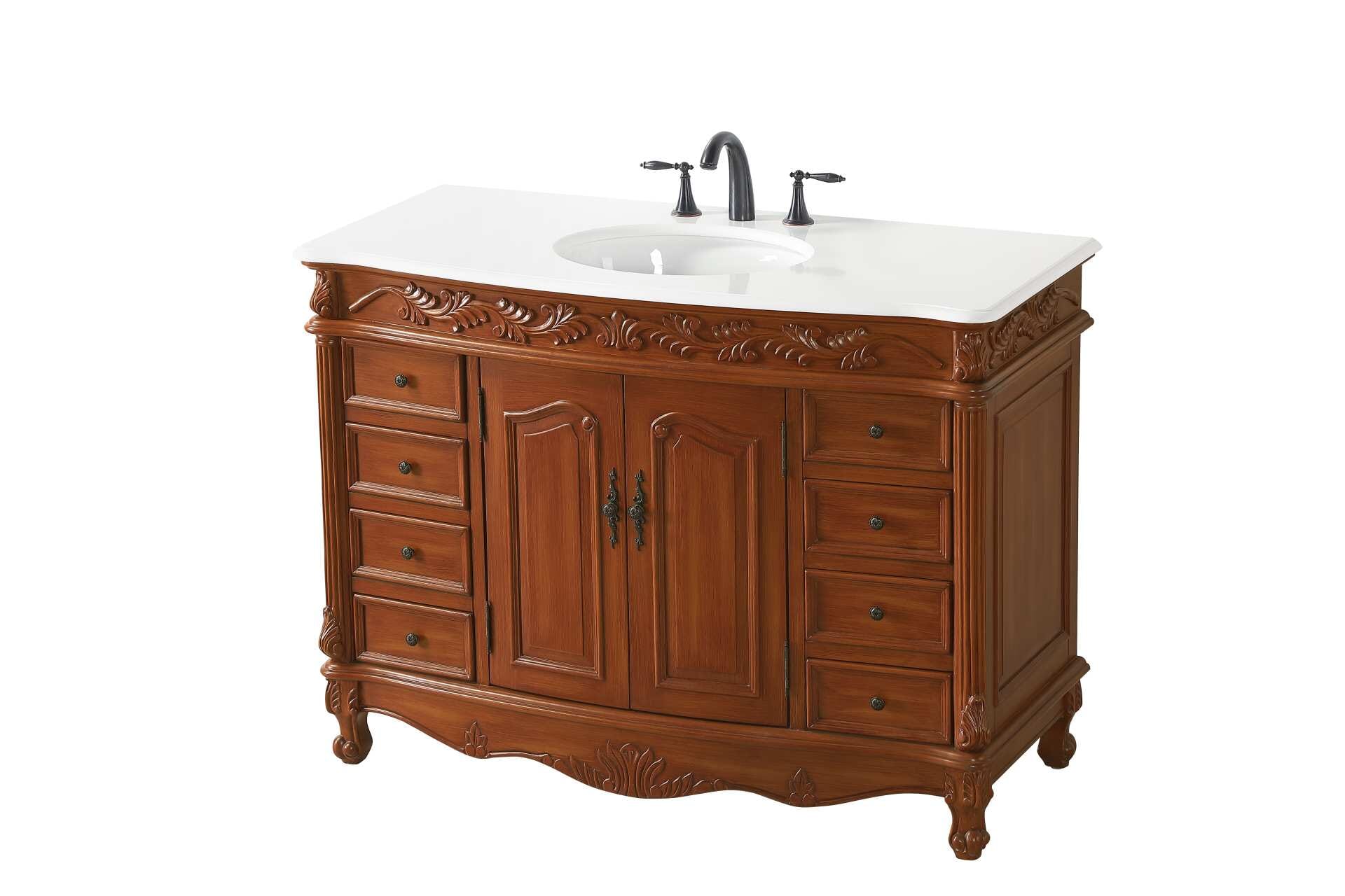 Dimensions
Length: 48"
Width: 22"
Height: 36"
Counter Top Length: 48"
Counter Top Width: 22"
Counter Top Height: 0.75"
Sink Width: 16"
Sink Depth: 13"
Sink Height: 7"
Sink Drain Hole Size: 1.75"
Faucet Hole Spacing: 8"3 Holes"
Specifications
Assembly Required: no
Base Material: Solid wood and MDF
Counter Top Edge Style: Ogee
Counter Top Finish: Ivory white
Distressed Finish: Yes
Finish (Color): Brown
Fixture Material: Solid Wood and MDF
Hardware Finish: Antique bronze
Harware Material: Aluminum alloy
Number of Faucet Holes: 3
Number of Sinks: 1
Product Shape: Rectangle
Product Type: Bathroom Vanities
Product Warranty: 1 year limited
Sink Mounting Type: Undermount
Vanity Backsplash: NO
Vanity Mounting Type: Free-Standing
Weight: 205
Wire Included: No
Wood Type: birch
Shipment type: LTL
US Shipping Cost: $218.00
Drawers
Drawers Included: yes
Number of Drawers: 8
Drawer Width: 9.5
Drawer Depth: 15.125
Drawer Height: 4.875
Drawer Handle Designs: knobs
Shelves
Number of Shelves: 1
Shelf Width: 22.25
Cabinets
Number of Cabinets: 1
Cabinet Interior Width: 22.25
Cabinet Interior Depth: 16
Cabinet Interior Height: 21.5 - alternate view
