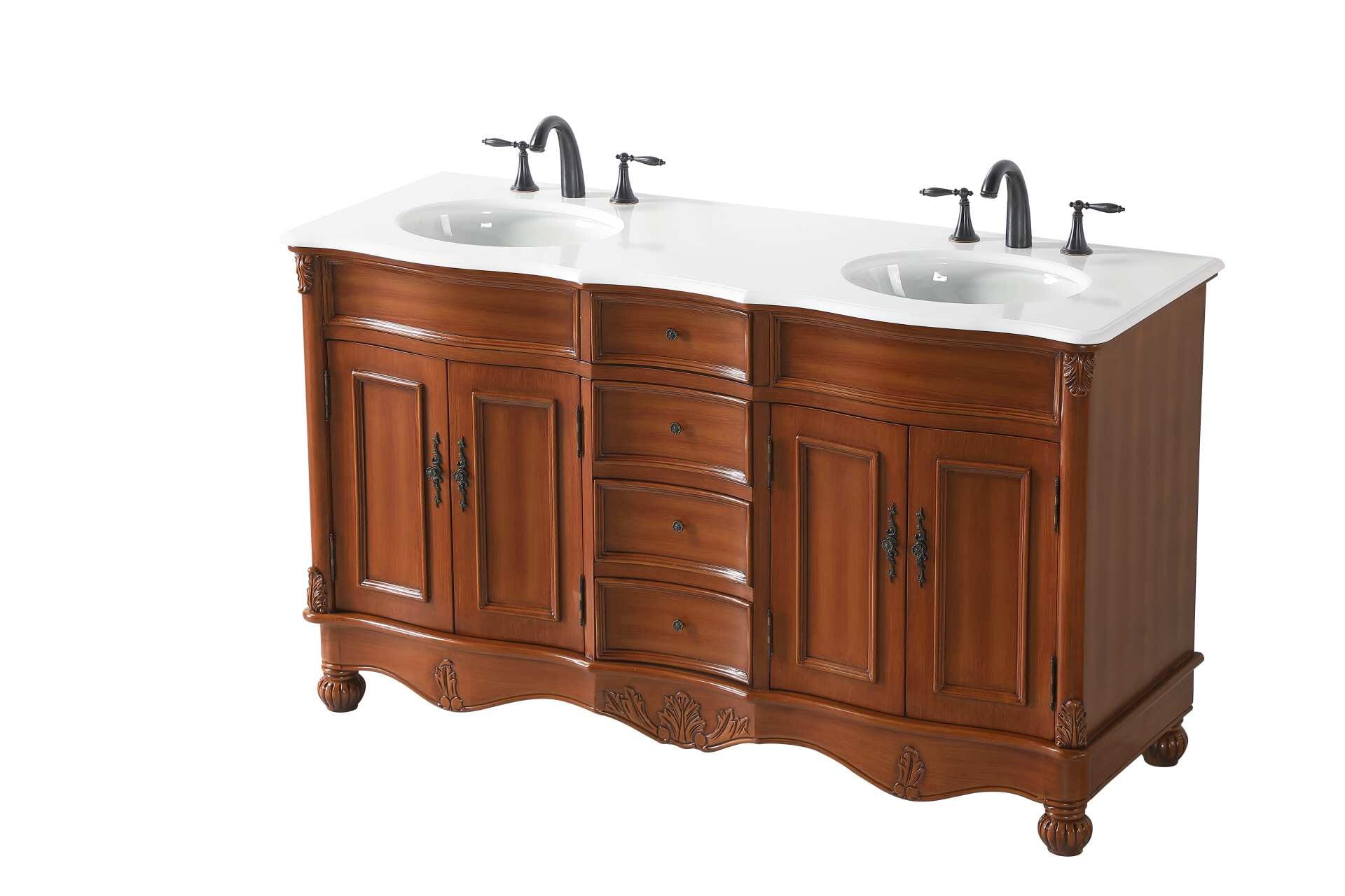 Dimensions
Length: 60"
Width: 21.5"
Height: 35"
Counter Top Length: 60"
Counter Top Width: 21.5"
Counter Top Height: 0.75"
Sink Width: 16"
Sink Depth: 13"
Sink Height: 7"
Sink Drain Hole Size: 1.75"
Faucet Hole Spacing: 8"3 Holes"
Specifications
Assembly Required: no
Base Material: Solid wood and MDF
Counter Top Edge Style: Ogee
Counter Top Finish: Ivory white
Distressed Finish: Yes
Finish (Color): Teak
Fixture Material: Solid Wood and MDF
Hardware Finish: Antique bronze
Harware Material: Aluminum alloy
Number of Faucet Holes: 6
Number of Sinks: 2
Product Shape: Rectangle
Product Type: Bathroom Vanities
Product Warranty: 1 year limited
Sink Mounting Type: Undermount
Vanity Backsplash: NO
Vanity Mounting Type: Free-Standing
Weight: 216
Wire Included: No
Wood Type: birch
Shipment type: LTL
US Shipping Cost: $268.00
Drawers
Drawers Included: yes
Number of Drawers: 4
Drawer Width: Dw1:10.5 Dw2:10.5
Drawer Depth: Dw1:14.5 Dw2:14.5
Drawer Height: Dw1:5 Dw2:5.25
Drawer Handle Designs: knobs
Shelves
Number of Shelves: 2
Shelf Width: 20.25
Cabinets
Number of Cabinets: 2
Cabinet Interior Width: 20
Cabinet Interior Depth: 15.75
Cabinet Interior Height: 18.25 - alternate view