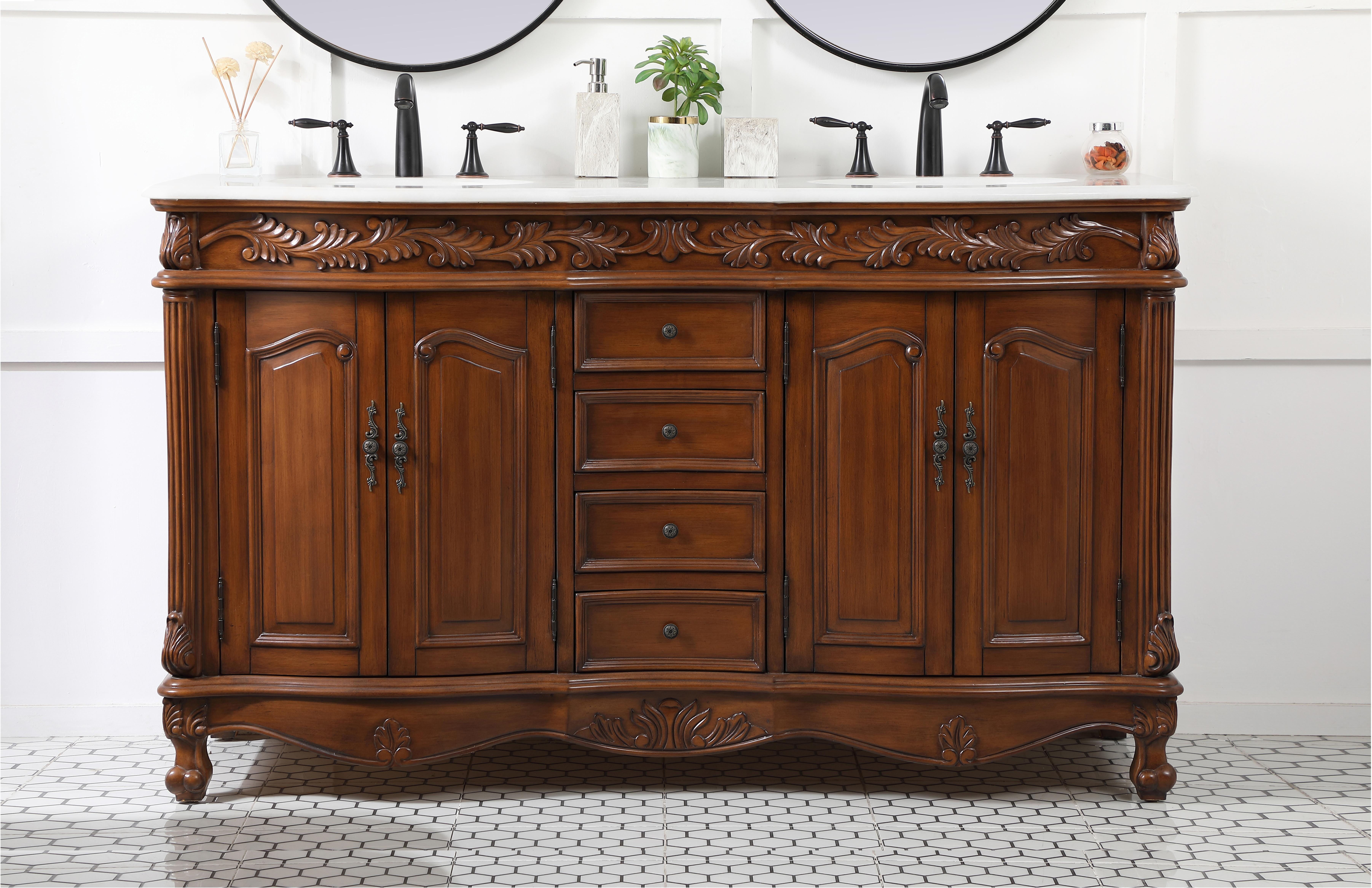 Dimensions
Length: 60"
Width: 22"
Height: 36"
Counter Top Length: 60"
Counter Top Width: 22"
Counter Top Height: 0.75"
Sink Width: 16"
Sink Depth: 13"
Sink Height: 7"
Sink Drain Hole Size: 1.75"
Faucet Hole Spacing: 8"3 Holes"
Specifications
Assembly Required: no
Base Material: Solid wood and MDF
Counter Top Edge Style: Ogee
Counter Top Finish: Ivory white
Distressed Finish: Yes
Finish (Color): Teak
Fixture Material: Solid Wood and MDF
Hardware Finish: Antique bronze
Harware Material: Aluminum alloy
Number of Faucet Holes: 6
Number of Sinks: 2
Product Shape: Rectangle
Product Type: Bathroom Vanities
Product Warranty: 1 year limited
Sink Mounting Type: Undermount
Vanity Backsplash: NO
Vanity Mounting Type: Free-Standing
Weight: 224
Wire Included: No
Wood Type: birch
Shipment type: LTL
US Shipping Cost: $278.00
Drawers
Drawers Included: yes
Number of Drawers: 4
Drawer Width: 11.5
Drawer Depth: 15
Drawer Height: 4.875
Drawer Handle Designs: knobs
Shelves
Number of Shelves: 2
Shelf Width: 21
Cabinets
Number of Cabinets: 2
Cabinet Interior Width: 21
Cabinet Interior Depth: 16
Cabinet Interior Height: 21.5 - alternate view