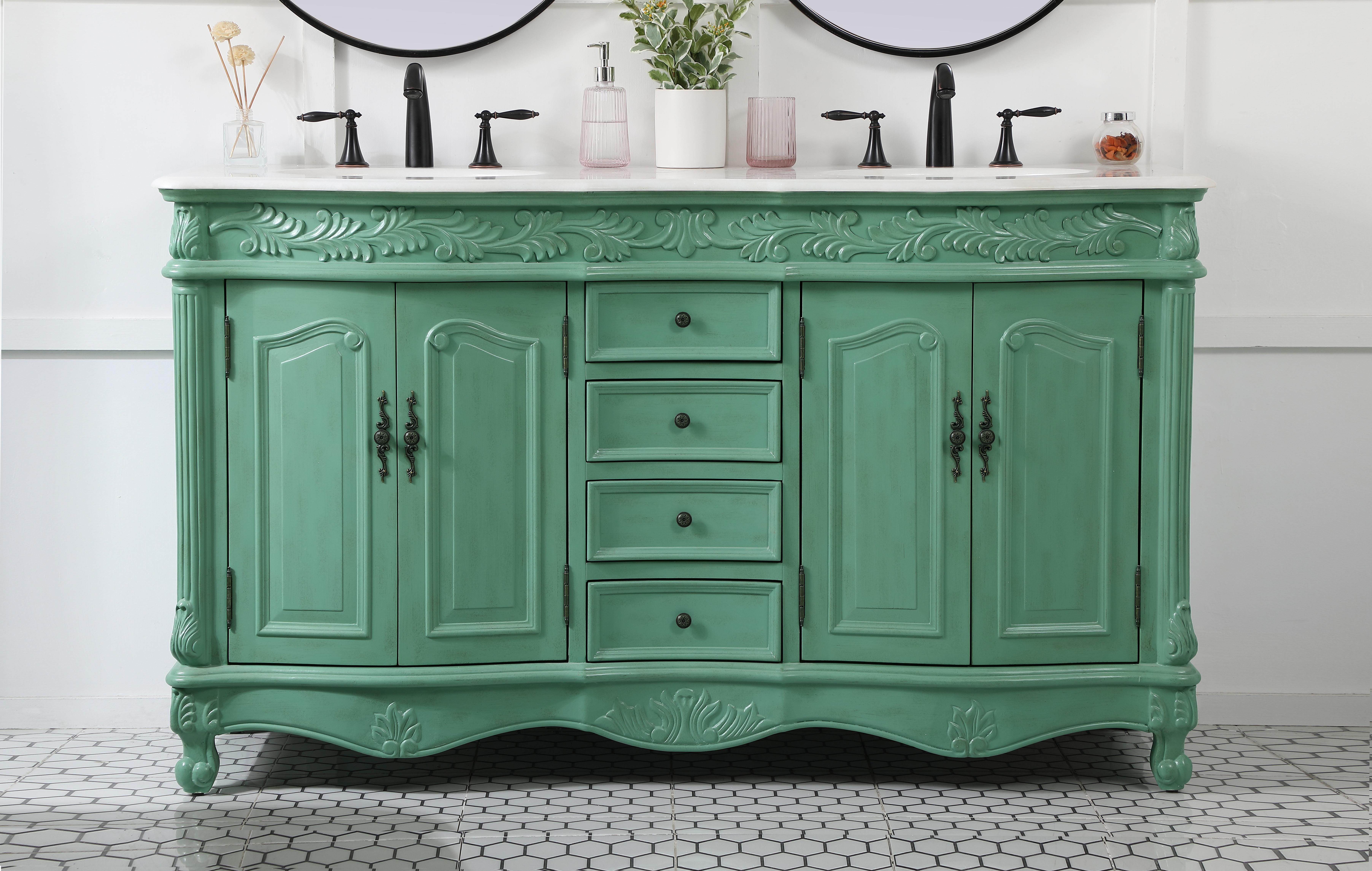 Dimensions
Length: 60"
Width: 22"
Height: 36"
Counter Top Length: 60"
Counter Top Width: 22"
Counter Top Height: 0.75"
Sink Width: 16"
Sink Depth: 13"
Sink Height: 7"
Sink Drain Hole Size: 1.75"
Faucet Hole Spacing: 8"3 Holes"
Specifications
Assembly Required: no
Base Material: Solid wood and MDF
Counter Top Edge Style: Ogee
Counter Top Finish: Ivory white
Distressed Finish: Yes
Finish (Color): Vintage Mint
Fixture Material: Solid Wood and MDF
Hardware Finish: Antique bronze
Harware Material: Aluminum alloy
Number of Faucet Holes: 6
Number of Sinks: 2
Product Shape: Rectangle
Product Type: Bathroom Vanities
Product Warranty: 1 year limited
Sink Mounting Type: Undermount
Vanity Backsplash: NO
Vanity Mounting Type: Free-Standing
Weight: 224
Wire Included: No
Wood Type: birch
Shipment type: LTL
US Shipping Cost: $278.00
Drawers
Drawers Included: yes
Number of Drawers: 4
Drawer Width: 11.5
Drawer Depth: 15
Drawer Height: 4.875
Drawer Handle Designs: knobs
Shelves
Number of Shelves: 2
Shelf Width: 21
Cabinets
Number of Cabinets: 2
Cabinet Interior Width: 21
Cabinet Interior Depth: 16
Cabinet Interior Height: 21.5 - alternate view