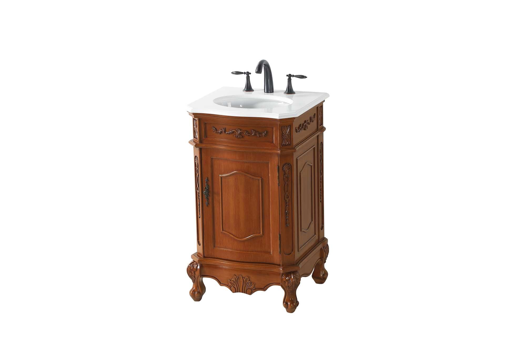 Dimensions
Length: 21"
Width: 19"
Height: 36"
Counter Top Length: 21"
Counter Top Width: 19"
Counter Top Height: 0.75"
Sink Width: 12.86"
Sink Depth: 10.86"
Sink Height: 7"
Sink Drain Hole Size: 1.75"
Faucet Hole Spacing: 8"3 Holes"
Specifications
Assembly Required: no
Base Material: Solid wood and MDF
Counter Top Edge Style: Ogee
Counter Top Finish: Ivory white
Distressed Finish: Yes
Finish (Color): Teak
Fixture Material: Solid Wood and MDF
Hardware Finish: Antique bronze
Harware Material: Aluminum alloy
Number of Faucet Holes: 3
Number of Sinks: 1
Product Shape: Rectangle
Product Type: Bathroom Vanities
Product Warranty: 1 year limited
Sink Mounting Type: Undermount
Vanity Backsplash: NO
Vanity Mounting Type: Free-Standing
Weight: 70
Wire Included: No
Wood Type: birch
Shipment type: Oversized Ground
US Shipping Cost: $120.00
Shelves
Number of Shelves: 1
Shelf Width: 14.875
Cabinets
Number of Cabinets: 1
Cabinet Interior Width: 14.875
Cabinet Interior Depth: 15.5
Cabinet Interior Height: 19.75 - alternate view
