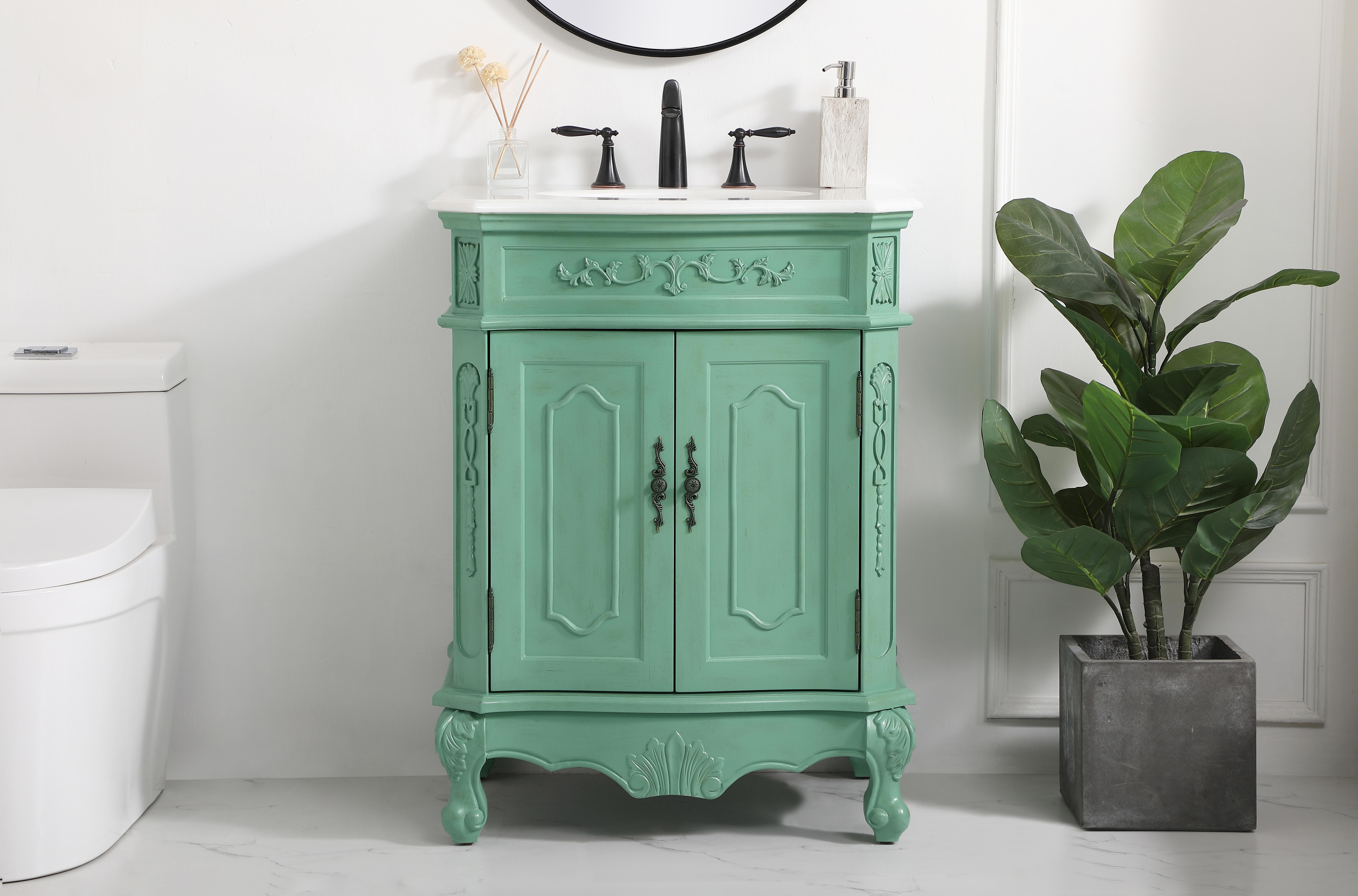 Dimensions
Length: 27"
Width: 21"
Height: 36"
Counter Top Length: 27"
Counter Top Width: 21"
Counter Top Height: 0.75"
Sink Width: 16"
Sink Depth: 13"
Sink Height: 7"
Sink Drain Hole Size: 1.75"
Faucet Hole Spacing: 8"3 Holes"
Specifications
Assembly Required: no
Base Material: Solid wood and MDF
Counter Top Edge Style: Ogee
Counter Top Finish: Ivory white
Distressed Finish: Yes
Finish (Color): Vintage Mint
Fixture Material: Solid Wood and MDF
Hardware Finish: Antique bronze
Harware Material: Aluminum alloy
Number of Faucet Holes: 3
Number of Sinks: 1
Product Shape: Rectangle
Product Type: Bathroom Vanities
Product Warranty: 1 year limited
Sink Mounting Type: Undermount
Vanity Backsplash: NO
Vanity Mounting Type: Free-Standing
Weight: 99
Wire Included: No
Wood Type: birch
LTL
US Shipping Cost: $142.00
Shelves
Number of Shelves: 1
Shelf Width: 20.5
Cabinets
Number of Cabinets: 1
Cabinet Interior Width: 20.5
Cabinet Interior Depth: 17
Cabinet Interior Height: 19.75 - alternate view
