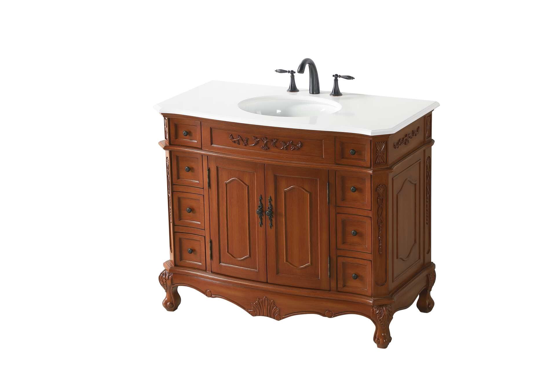 Dimensions
Length: 42"
Width: 21"
Height: 36"
Counter Top Length: 42"
Counter Top Width: 21"
Counter Top Height: 0.75"
Sink Width: 16"
Sink Depth: 13"
Sink Height: 7"
Sink Drain Hole Size: 1.75"
Faucet Hole Spacing: 8"3 Holes"
Specifications
Assembly Required: no
Base Material: Solid wood and MDF
Counter Top Edge Style: Ogee
Counter Top Finish: Ivory white
Distressed Finish: Yes
Finish (Color): Teak
Fixture Material: Solid Wood and MDF
Hardware Finish: Antique bronze
Harware Material: Aluminum alloy
Number of Faucet Holes: 3
Number of Sinks: 1
Product Shape: Rectangle
Product Type: Bathroom Vanities
Product Warranty: 1 year limited
Sink Mounting Type: Undermount
Vanity Backsplash: NO
Vanity Mounting Type: Free-Standing
Weight: 158
Wire Included: No
Wood Type: birch
Shipment type: LTL
US Shipping Cost: $182.00
Drawers
Drawers Included: yes
Number of Drawers: 8
Drawer Width: DW1:6
DW2:6
Drawer Depth: DW1:16
DW2:16
Drawer Height: DW1:6
DW2:4.5
Drawer Handle Designs: knobs
Shelves
Number of Shelves: 1
Shelf Width: 22
Cabinets
Number of Cabinets: 1
Cabinet Interior Width: 22
Cabinet Interior Depth: 17
Cabinet Interior Height: 19.75 - alternate view