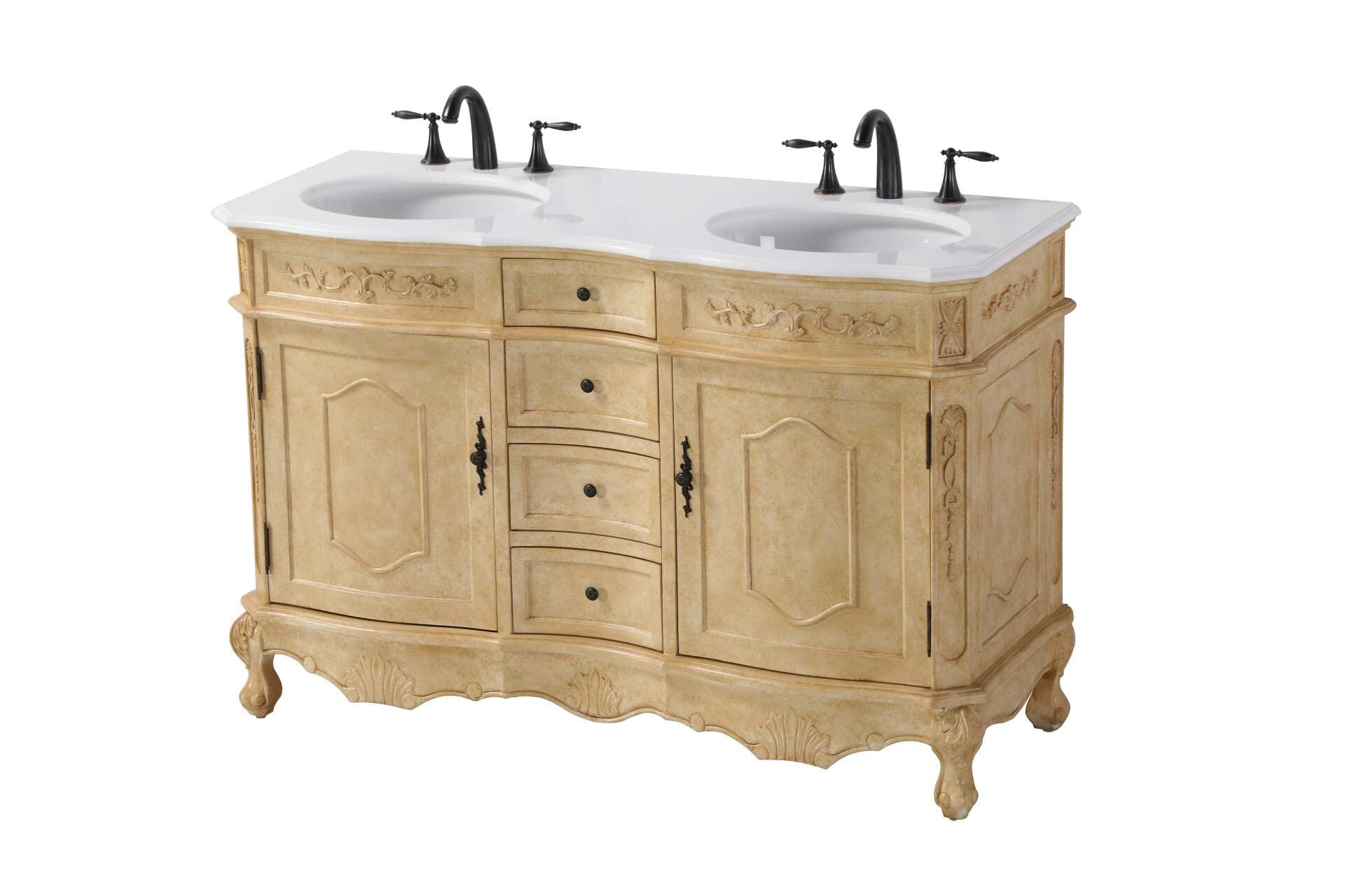 Specification Sheet
Dimensions
Length: 54"
Width: 21"
Height: 36"
Counter Top Length: 54"
Counter Top Width: 21"
Counter Top Height: 0.75"
Sink Width: 16"
Sink Depth: 13"
Sink Height: 7"
Sink Drain Hole Size: 1.75"
Faucet Hole Spacing: 8"3 Holes"
Specifications
Assembly Required: NO
Base Material: Solid wood and MDF
Counter Top Edge Style: Half bullnose
Counter Top Finish: Ivory white
Distressed Finish: yes
Faucet Type: Widespread
Finish (Color): Antique Beige
Vanity Material: Solid Wood and MDF
Hardware Finish: Antique bronze
Harware Material: Aluminum alloy
Number of Faucet Holes: 6
Number of Sinks: 2
Product Shape: Rectangle
Product Type: Bathroom Vanities
Product Warranty: 1 year limited
Sink Mounting Type: Undermount
Vanity Backsplash: NO
Vanity Mounting Type: Free-Standing
205
Wire Included: No
Wood Type: Birch
Shipment type: LTL
Drawers
Drawers Included: yes
Number of Drawers: 4
Drawer Width: Dw1 : 11
Dw2 : 11
Drawer Depth: Dw1 : 14.5
Dw2 : 14.5
Drawer Height: Dw1 : 4.5
Dw2 : 6
Drawer Handle Designs: knobs
Shelves
Number of Shelves: 2
Shelf Width: 17.25
Cabinets
Number of Cabinets: 2
Cabinet Interior Width: 17.25
Cabinet Interior Depth: 17
Cabinet Interior Height: 20 - alternate view