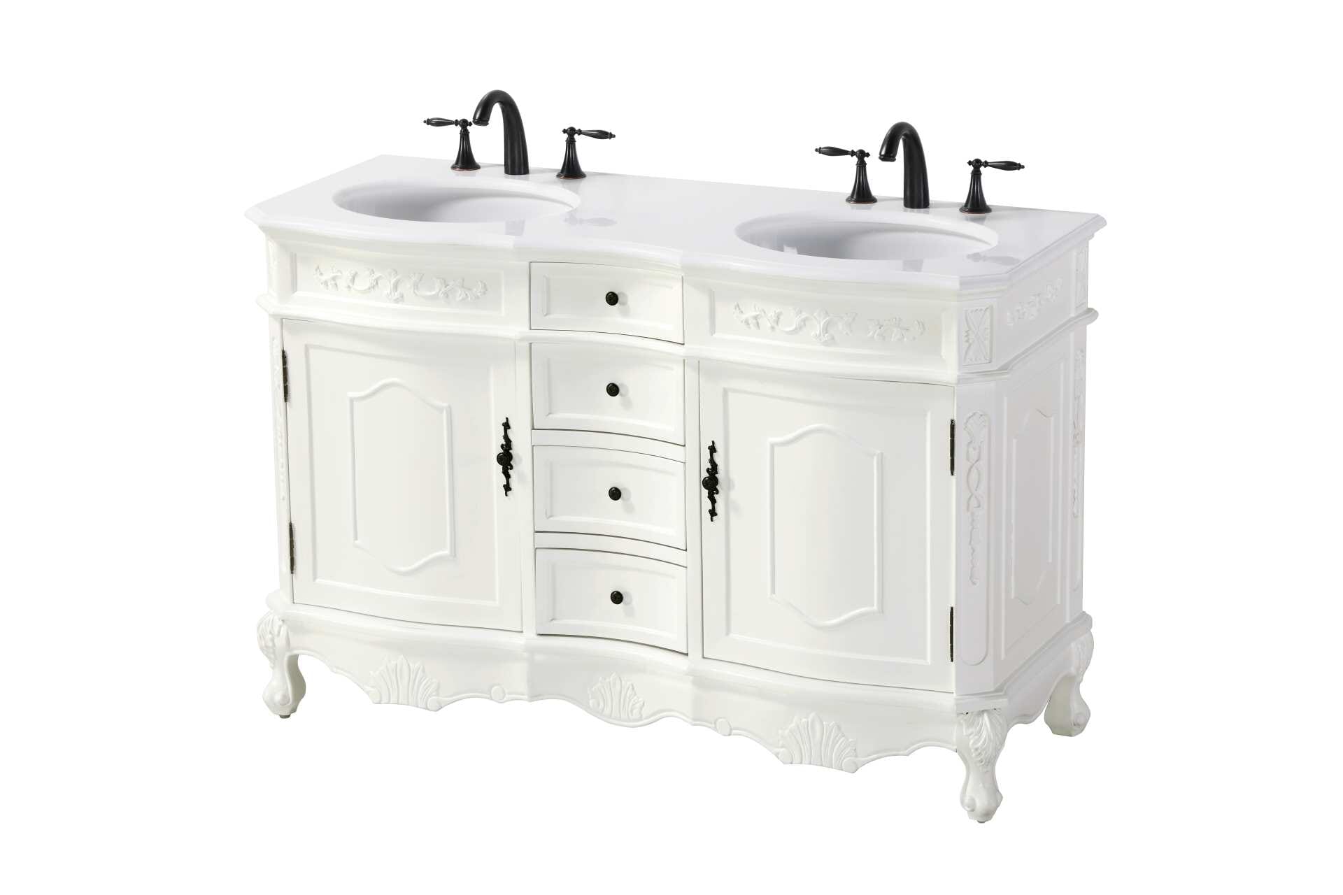Specification Sheet
Dimensions
Length: 54"
Width: 21"
Height: 36"
Counter Top Length: 54"
Counter Top Width: 21"
Counter Top Height: 0.75"
Sink Width: 16"
Sink Depth: 13"
Sink Height: 7"
Sink Drain Hole Size: 1.75"
Faucet Hole Spacing: 8"3 Holes"
Specifications
Assembly Required: NO
Base Material: Solid wood and MDF
Counter Top Edge Style: Half bullnose
Counter Top Finish: Ivory white
Distressed Finish: yes
Faucet Type: Widespread
Finish (Color): Antique White
Vanity Material: Solid Wood and MDF
Hardware Finish: Antique bronze
Harware Material: Aluminum alloy
Number of Faucet Holes: 6
Number of Sinks: 2
Product Shape: Rectangle
Product Type: Bathroom Vanities
Product Warranty: 1 year limited
Sink Mounting Type: Undermount
Vanity Backsplash: NO
Vanity Mounting Type: Free-Standing
205
Wire Included: No
Wood Type: Birch
Shipment type: LTL
Drawers
Drawers Included: yes
Number of Drawers: 4
Drawer Width: Dw1 : 11
Dw2 : 11
Drawer Depth: Dw1 : 14.5
Dw2 : 14.5
Drawer Height: Dw1 : 4.5
Dw2 : 6
Drawer Handle Designs: knobs
Shelves
Number of Shelves: 2
Shelf Width: 17.25
Cabinets
Number of Cabinets: 2
Cabinet Interior Width: 17.25
Cabinet Interior Depth: 17
Cabinet Interior Height: 20 - alternate view