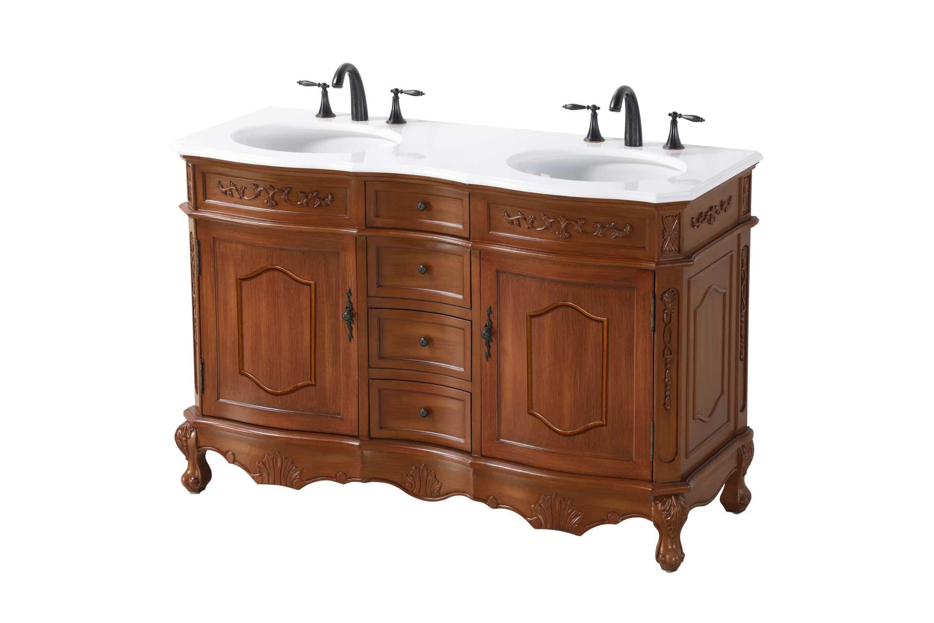 Specification Sheet
Dimensions
Length: 54"
Width: 21"
Height: 36"
Counter Top Length: 54"
Counter Top Width: 21"
Counter Top Height: 0.75"
Sink Width: 16"
Sink Depth: 13"
Sink Height: 7"
Sink Drain Hole Size: 1.75"
Faucet Hole Spacing: 8"3 Holes"
Specifications
Assembly Required: NO
Base Material: Solid wood and MDF
Counter Top Edge Style: Half bullnose
Counter Top Finish: Ivory white
Distressed Finish: yes
Faucet Type: Widespread
Finish (Color): Teak
Vanity Material: Solid Wood and MDF
Hardware Finish: Antique bronze
Harware Material: Aluminum alloy
Number of Faucet Holes: 6
Number of Sinks: 2
Product Shape: Rectangle
Product Type: Bathroom Vanities
Product Warranty: 1 year limited
Sink Mounting Type: Undermount
Vanity Backsplash: NO
Vanity Mounting Type: Free-Standing
205
Wire Included: No
Wood Type: Birch
Shipment type: LTL
Drawers
Drawers Included: yes
Number of Drawers: 4
Drawer Width: Dw1 : 11
Dw2 : 11
Drawer Depth: Dw1 : 14.5
Dw2 : 14.5
Drawer Height: Dw1 : 4.5
Dw2 : 6
Drawer Handle Designs: knobs
Shelves
Number of Shelves: 2
Shelf Width: 17.25
Cabinets
Number of Cabinets: 2
Cabinet Interior Width: 17.25
Cabinet Interior Depth: 17
Cabinet Interior Height: 20 - alternate view