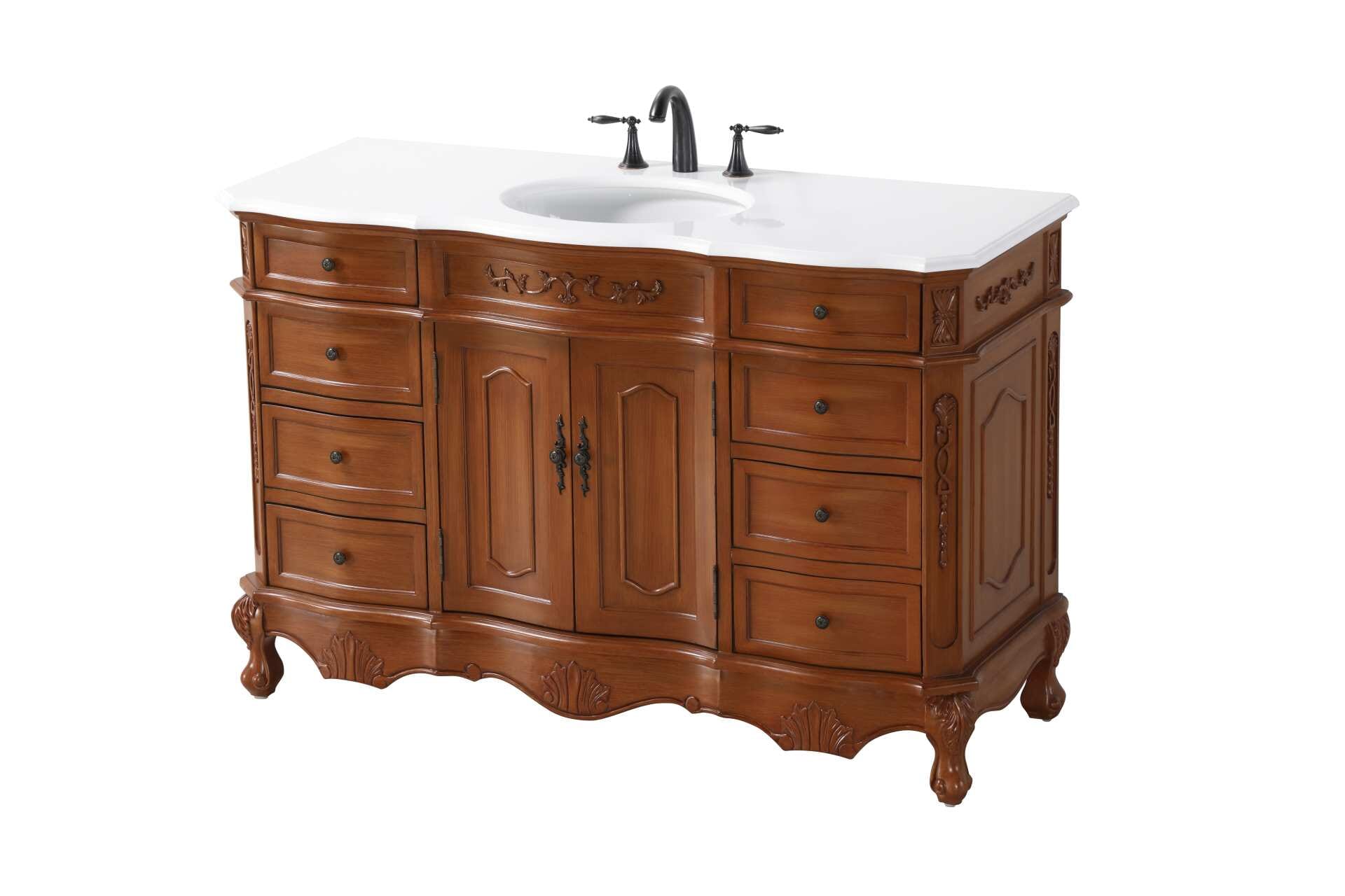 Specification Sheet
Dimensions
Length: 54"
Width: 21"
Height: 36"
Counter Top Length: 54"
Counter Top Width: 21"
Counter Top Height: 0.75"
Sink Width: 16"
Sink Depth: 13"
Sink Height: 7"
Sink Drain Hole Size: 1.75"
Faucet Hole Spacing: 8"3 Holes"
Specifications
Assembly Required: NO
Base Material: Solid wood and MDF
Counter Top Edge Style: Half bullnose
Counter Top Finish: Ivory white
Distressed Finish: yes
Faucet Type: Widespread
Finish (Color): Teak
Vanity Material: Solid Wood and MDF
Hardware Finish: Antique bronze
Harware Material: Aluminum alloy
Number of Faucet Holes: 3
Number of Sinks: 1
Product Shape: Rectangle
Product Type: Bathroom Vanities
Product Warranty: 1 year limited
Sink Mounting Type: Undermount
Vanity Backsplash: NO
Vanity Mounting Type: Free-Standing
227
Wire Included: No
Wood Type: Birch
Shipment type: LTL
Drawers
Drawers Included: yes
Number of Drawers: 8
Drawer Width: Dw1 : 12
Dw2 : 12
Drawer Depth: Dw1 : 14.5
Dw2 : 14.5
Drawer Height: Dw1 : 4.5
Dw2 : 6
Drawer Handle Designs: knobs
Shelves
Number of Shelves: 1
Shelf Width: 21
Cabinets
Number of Cabinets: 1
Cabinet Interior Width: 21
Cabinet Interior Depth: 17
Cabinet Interior Height: 20 - alternate view