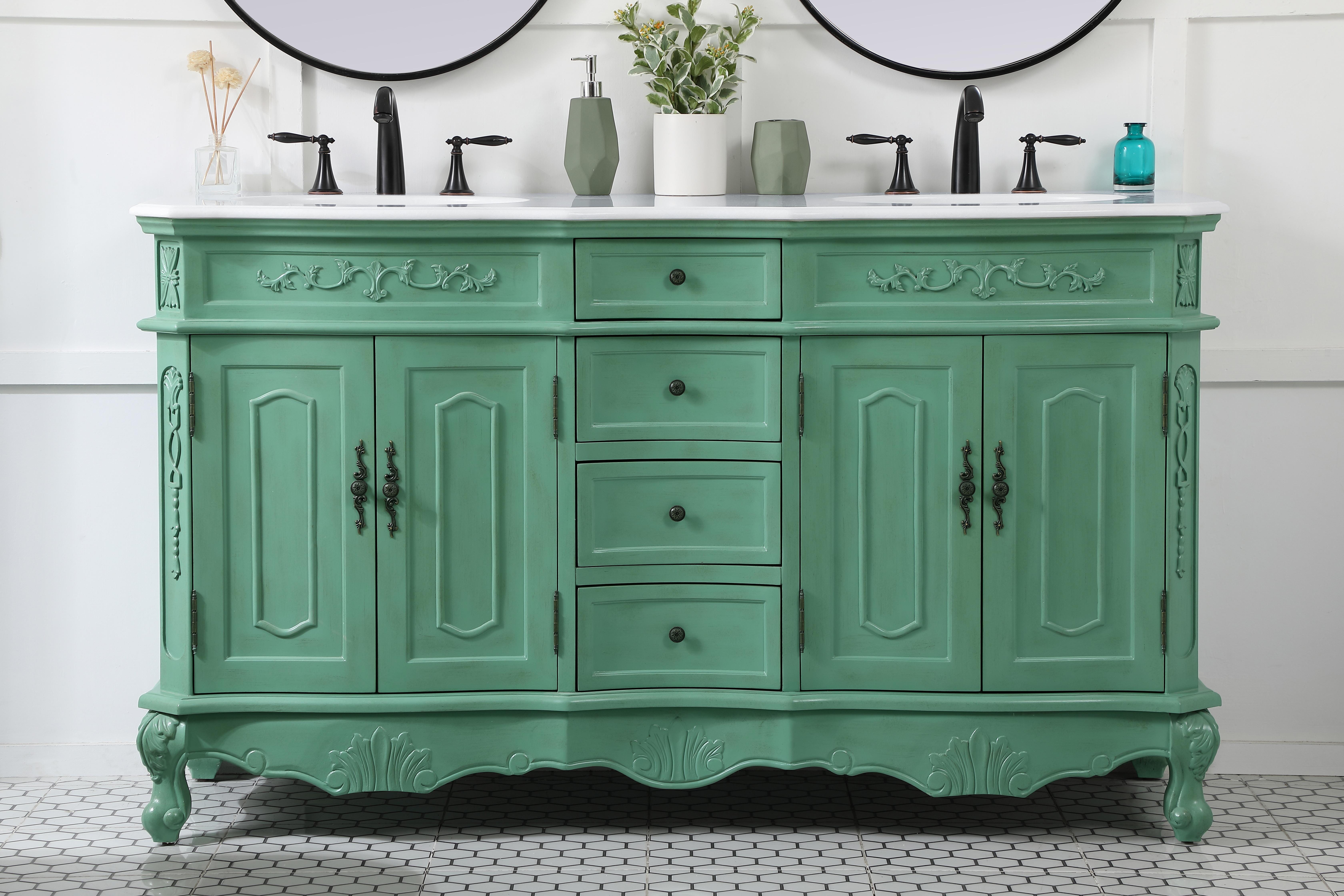 Dimensions
Length: 60"
Width: 21"
Height: 36"
Counter Top Length: 60"
Counter Top Width: 21"
Counter Top Height: 0.75"
Sink Width: 16"
Sink Depth: 13"
Sink Height: 7"
Sink Drain Hole Size: 1.75"
Faucet Hole Spacing: 8"3 Holes"
Specifications
Assembly Required: no
Base Material: Solid wood and MDF
Counter Top Edge Style: Ogee
Counter Top Finish: Ivory white
Distressed Finish: Yes
Finish (Color): Vintage Mint
Fixture Material: Solid Wood and MDF
Hardware Finish: Antique bronze
Harware Material: Aluminum alloy
Number of Faucet Holes: 6
Number of Sinks: 2
Product Shape: Rectangle
Product Type: Bathroom Vanities
Product Warranty: 1 year limited
Sink Mounting Type: Undermount
Vanity Backsplash: NO
Vanity Mounting Type: Free-Standing
Weight: 213
Wire Included: No
Wood Type: birch
Shipment type: LTL
US Shipping Cost: $253.00
Drawers
Drawers Included: yes
Number of Drawers: 4
Drawer Width: DW1:11.5
DW2:11.5
Drawer Depth: DW1:16
DW2:16
Drawer Height: DW1:4.375
DW1:6
Drawer Handle Designs: knobs
Shelves
Number of Shelves: 2
Shelf Width: 20.25
Cabinets
Number of Cabinets: 2
Cabinet Interior Width: 20.25
Cabinet Interior Depth: 17
Cabinet Interior Height: 19.75 - alternate view