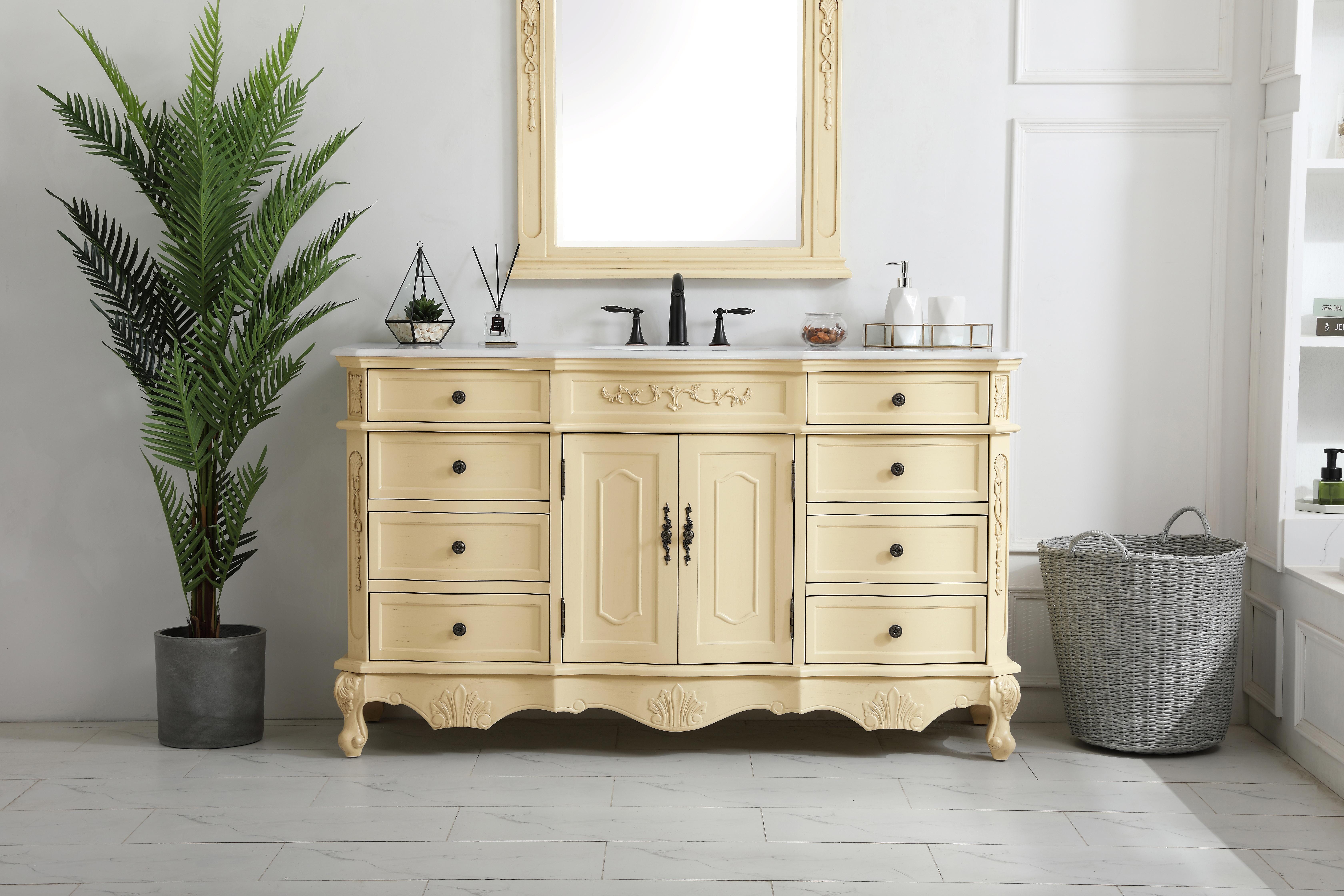 Dimensions
Length: 60"
Width: 21"
Height: 36"
Counter Top Length: 60"
Counter Top Width: 21"
Counter Top Height: 0.75"
Sink Width: 16"
Sink Depth: 13"
Sink Height: 7"
Sink Drain Hole Size: 1.75"
Faucet Hole Spacing: 8"3 Holes"
Specifications
Assembly Required: no
Base Material: Solid wood and MDF
Counter Top Edge Style: Ogee
Counter Top Finish: Ivory white
Distressed Finish: Yes
Finish (Color): light antique beige
Fixture Material: Solid Wood and MDF
Hardware Finish: Antique bronze
Harware Material: Aluminum alloy
Number of Faucet Holes: 3
Number of Sinks: 1
Product Shape: Rectangle
Product Type: Bathroom Vanities
Product Warranty: 1 year limited
Sink Mounting Type: Undermount
Vanity Backsplash: NO
Vanity Mounting Type: Free-Standing
Weight: 213
Wire Included: No
Wood Type: birch
Shipment type: LTL
US Shipping Cost: $253.00
Drawers
Drawers Included: yes
Number of Drawers: 8
Drawer Width: DW1:15.75
DW2:15.75
Drawer Depth: DW1:16
DW2:16
Drawer Height: DW1:6
DW1:4.5
Drawer Handle Designs: knobs
Shelves
Number of Shelves: 1
Shelf Width: 22.875
Cabinets
Number of Cabinets: 1
Cabinet Interior Width: 22.875
Cabinet Interior Depth: 17
Cabinet Interior Height: 19.75 - alternate view