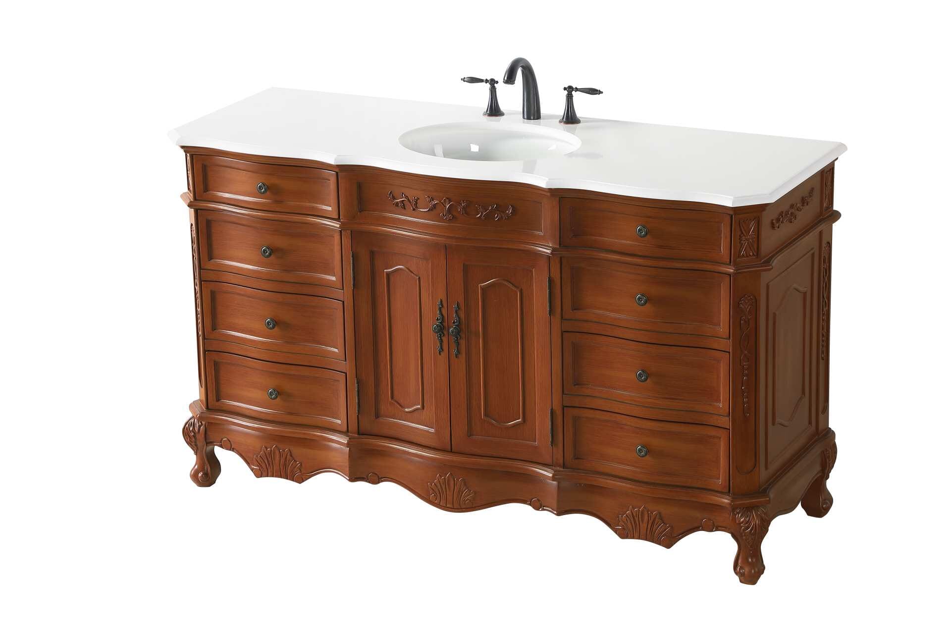 Dimensions
Length: 60"
Width: 21"
Height: 36"
Counter Top Length: 60"
Counter Top Width: 21"
Counter Top Height: 0.75"
Sink Width: 16"
Sink Depth: 13"
Sink Height: 7"
Sink Drain Hole Size: 1.75"
Faucet Hole Spacing: 8"3 Holes"
Specifications
Assembly Required: no
Base Material: Solid wood and MDF
Counter Top Edge Style: Ogee
Counter Top Finish: Ivory white
Distressed Finish: Yes
Finish (Color): Teak
Fixture Material: Solid Wood and MDF
Hardware Finish: Antique bronze
Harware Material: Aluminum alloy
Number of Faucet Holes: 3
Number of Sinks: 1
Product Shape: Rectangle
Product Type: Bathroom Vanities
Product Warranty: 1 year limited
Sink Mounting Type: Undermount
Vanity Backsplash: NO
Vanity Mounting Type: Free-Standing
Weight: 213
Wire Included: No
Wood Type: birch
Shipment type: LTL
US Shipping Cost: $253.00
Drawers
Drawers Included: yes
Number of Drawers: 8
Drawer Width: DW1:15.75
DW2:15.75
Drawer Depth: DW1:16
DW2:16
Drawer Height: DW1:6
DW1:4.5
Drawer Handle Designs: knobs
Shelves
Number of Shelves: 1
Shelf Width: 22.875
Cabinets
Number of Cabinets: 1
Cabinet Interior Width: 22.875
Cabinet Interior Depth: 17
Cabinet Interior Height: 19.75 - alternate view