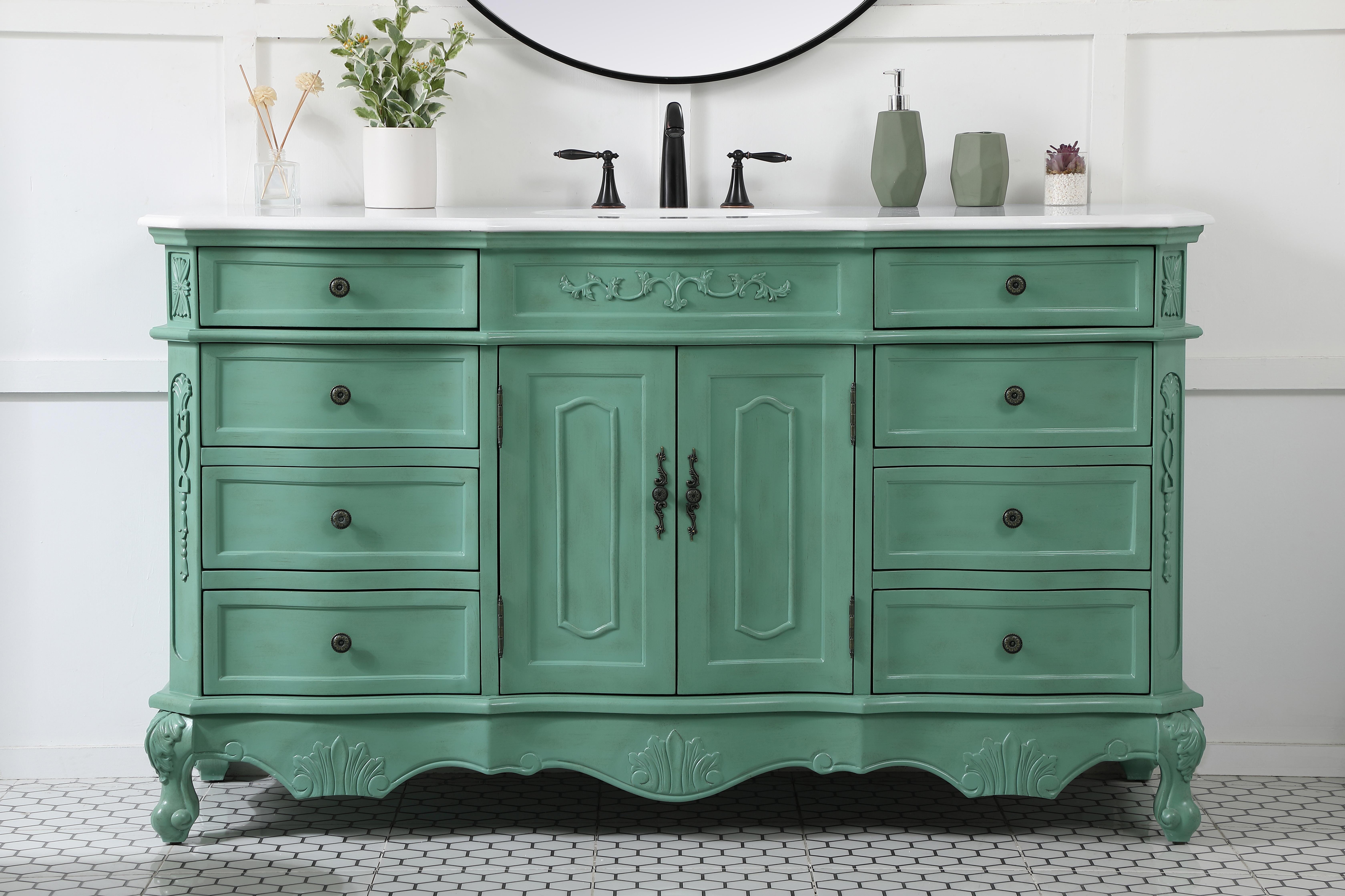Dimensions
Length: 60"
Width: 21"
Height: 36"
Counter Top Length: 60"
Counter Top Width: 21"
Counter Top Height: 0.75"
Sink Width: 16"
Sink Depth: 13"
Sink Height: 7"
Sink Drain Hole Size: 1.75"
Faucet Hole Spacing: 8"3 Holes"
Specifications
Assembly Required: no
Base Material: Solid wood and MDF
Counter Top Edge Style: Ogee
Counter Top Finish: Ivory white
Distressed Finish: Yes
Finish (Color): Vintage Mint
Fixture Material: Solid Wood and MDF
Hardware Finish: Antique bronze
Harware Material: Aluminum alloy
Number of Faucet Holes: 3
Number of Sinks: 1
Product Shape: Rectangle
Product Type: Bathroom Vanities
Product Warranty: 1 year limited
Sink Mounting Type: Undermount
Vanity Backsplash: NO
Vanity Mounting Type: Free-Standing
Weight: 213
Wire Included: No
Wood Type: birch
Shipment type: LTL
US Shipping Cost: $253.00
Drawers
Drawers Included: yes
Number of Drawers: 8
Drawer Width: DW1:15.75
DW2:15.75
Drawer Depth: DW1:16
DW2:16
Drawer Height: DW1:6
DW1:4.5
Drawer Handle Designs: knobs
Shelves
Number of Shelves: 1
Shelf Width: 22.875
Cabinets
Number of Cabinets: 1
Cabinet Interior Width: 22.875
Cabinet Interior Depth: 17
Cabinet Interior Height: 19.75 - alternate view