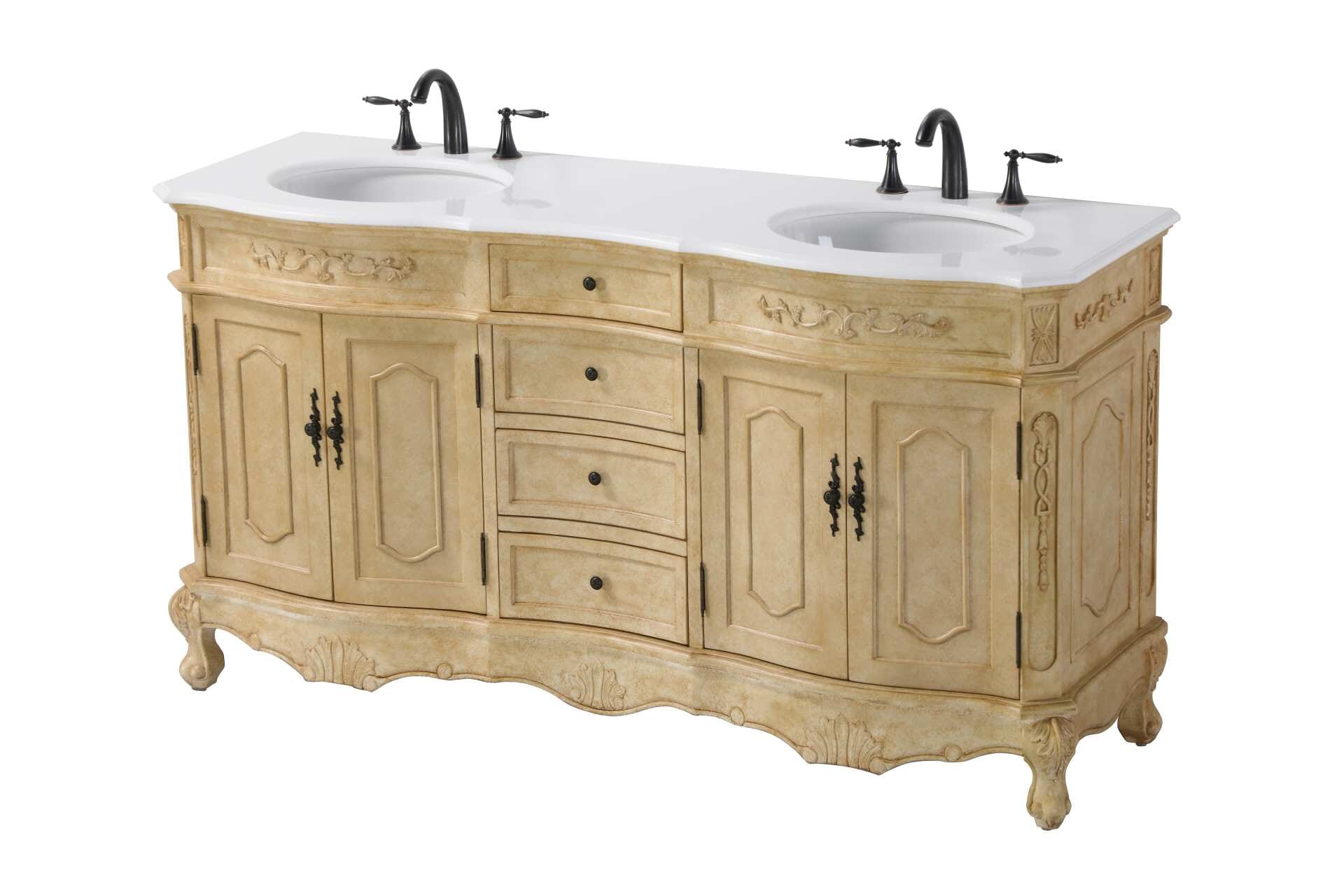 Specification Sheet
Dimensions
Length: 66"
Width: 21"
Height: 36"
Counter Top Length: 66"
Counter Top Width: 21"
Counter Top Height: 0.75"
Sink Width: 16"
Sink Depth: 13"
Sink Height: 7"
Sink Drain Hole Size: 1.75"
Faucet Hole Spacing: 8"3 Holes"
Specifications
Assembly Required: NO
Base Material: Solid wood and MDF
Counter Top Edge Style: Half bullnose
Counter Top Finish: Ivory white
Distressed Finish: yes
Faucet Type: Widespread
Finish (Color): Antique Beige
Vanity Material: Solid Wood and MDF
Hardware Finish: Antique bronze
Harware Material: Aluminum alloy
Number of Faucet Holes: 6
Number of Sinks: 2
Product Shape: Rectangle
Product Type: Bathroom Vanities
Product Warranty: 1 year limited
Sink Mounting Type: Undermount
Vanity Backsplash: NO
Vanity Mounting Type: Free-Standing
246
Wire Included: No
Wood Type: Birch
Shipment type: LTL
Drawers
Drawers Included: yes
Number of Drawers: 4
Drawer Width: Dw1 : 14
Dw2 : 14
Drawer Depth: Dw1 : 14.5
Dw2 : 14.5
Drawer Height: Dw1 : 4.5
Dw2 : 6
Drawer Handle Designs: knobs
Shelves
Number of Shelves: 2
Shelf Width: 21.5
Cabinets
Number of Cabinets: 2
Cabinet Interior Width: 21.5
Cabinet Interior Depth: 17
Cabinet Interior Height: 20 - alternate view