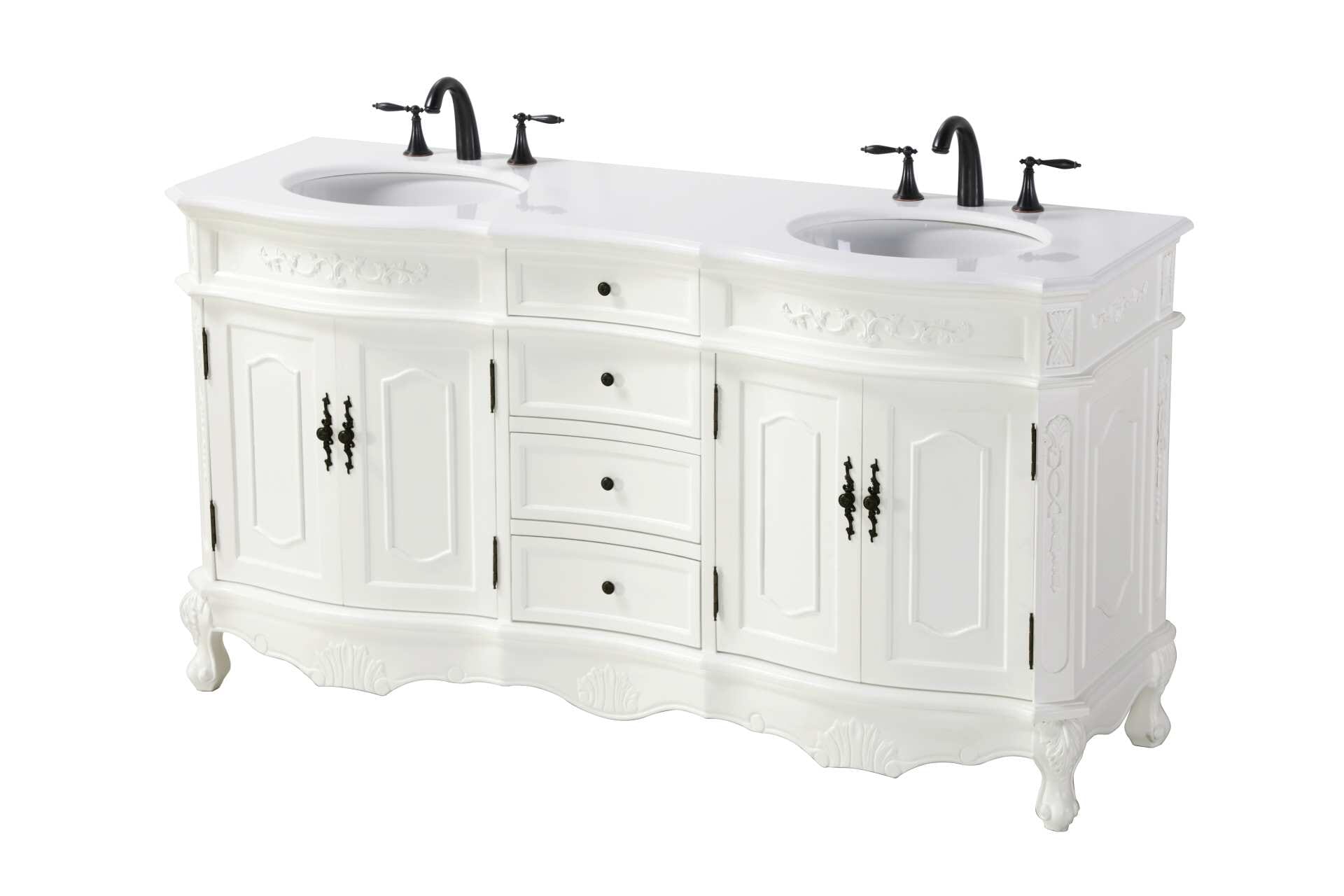 Specification Sheet
Dimensions
Length: 66"
Width: 21"
Height: 36"
Counter Top Length: 66"
Counter Top Width: 21"
Counter Top Height: 0.75"
Sink Width: 16"
Sink Depth: 13"
Sink Height: 7"
Sink Drain Hole Size: 1.75"
Faucet Hole Spacing: 8"3 Holes"
Specifications
Assembly Required: NO
Base Material: Solid wood and MDF
Counter Top Edge Style: Half bullnose
Counter Top Finish: Ivory white
Distressed Finish: yes
Faucet Type: Widespread
Finish (Color): Antique White
Vanity Material: Solid Wood and MDF
Hardware Finish: Antique bronze
Harware Material: Aluminum alloy
Number of Faucet Holes: 6
Number of Sinks: 2
Product Shape: Rectangle
Product Type: Bathroom Vanities
Product Warranty: 1 year limited
Sink Mounting Type: Undermount
Vanity Backsplash: NO
Vanity Mounting Type: Free-Standing
246
Wire Included: No
Wood Type: Birch
Shipment type: LTL
Drawers
Drawers Included: yes
Number of Drawers: 4
Drawer Width: Dw1 : 14
Dw2 : 14
Drawer Depth: Dw1 : 14.5
Dw2 : 14.5
Drawer Height: Dw1 : 4.5
Dw2 : 6
Drawer Handle Designs: knobs
Shelves
Number of Shelves: 2
Shelf Width: 21.5
Cabinets
Number of Cabinets: 2
Cabinet Interior Width: 21.5
Cabinet Interior Depth: 17
Cabinet Interior Height: 20 - alternate view