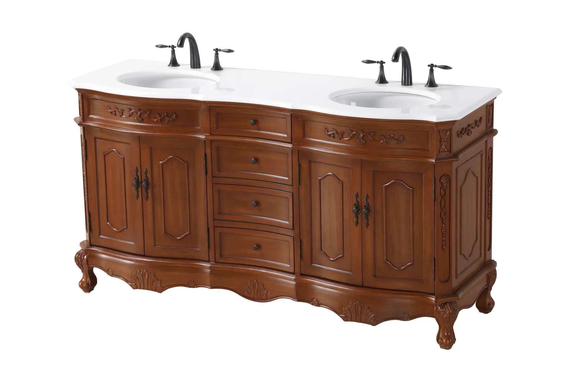 Specification Sheet
Dimensions
Length: 66"
Width: 21"
Height: 36"
Counter Top Length: 66"
Counter Top Width: 21"
Counter Top Height: 0.75"
Sink Width: 16"
Sink Depth: 13"
Sink Height: 7"
Sink Drain Hole Size: 1.75"
Faucet Hole Spacing: 8"3 Holes"
Specifications
Assembly Required: NO
Base Material: Solid wood and MDF
Counter Top Edge Style: Half bullnose
Counter Top Finish: Ivory white
Distressed Finish: yes
Faucet Type: Widespread
Finish (Color): Teak
Vanity Material: Solid Wood and MDF
Hardware Finish: Antique bronze
Harware Material: Aluminum alloy
Number of Faucet Holes: 6
Number of Sinks: 2
Product Shape: Rectangle
Product Type: Bathroom Vanities
Product Warranty: 1 year limited
Sink Mounting Type: Undermount
Vanity Backsplash: NO
Vanity Mounting Type: Free-Standing
246
Wire Included: No
Wood Type: Birch
Shipment type: LTL
Drawers
Drawers Included: yes
Number of Drawers: 4
Drawer Width: Dw1 : 14
Dw2 : 14
Drawer Depth: Dw1 : 14.5
Dw2 : 14.5
Drawer Height: Dw1 : 4.5
Dw2 : 6
Drawer Handle Designs: knobs
Shelves
Number of Shelves: 2
Shelf Width: 21.5
Cabinets
Number of Cabinets: 2
Cabinet Interior Width: 21.5
Cabinet Interior Depth: 17
Cabinet Interior Height: 20 - alternate view