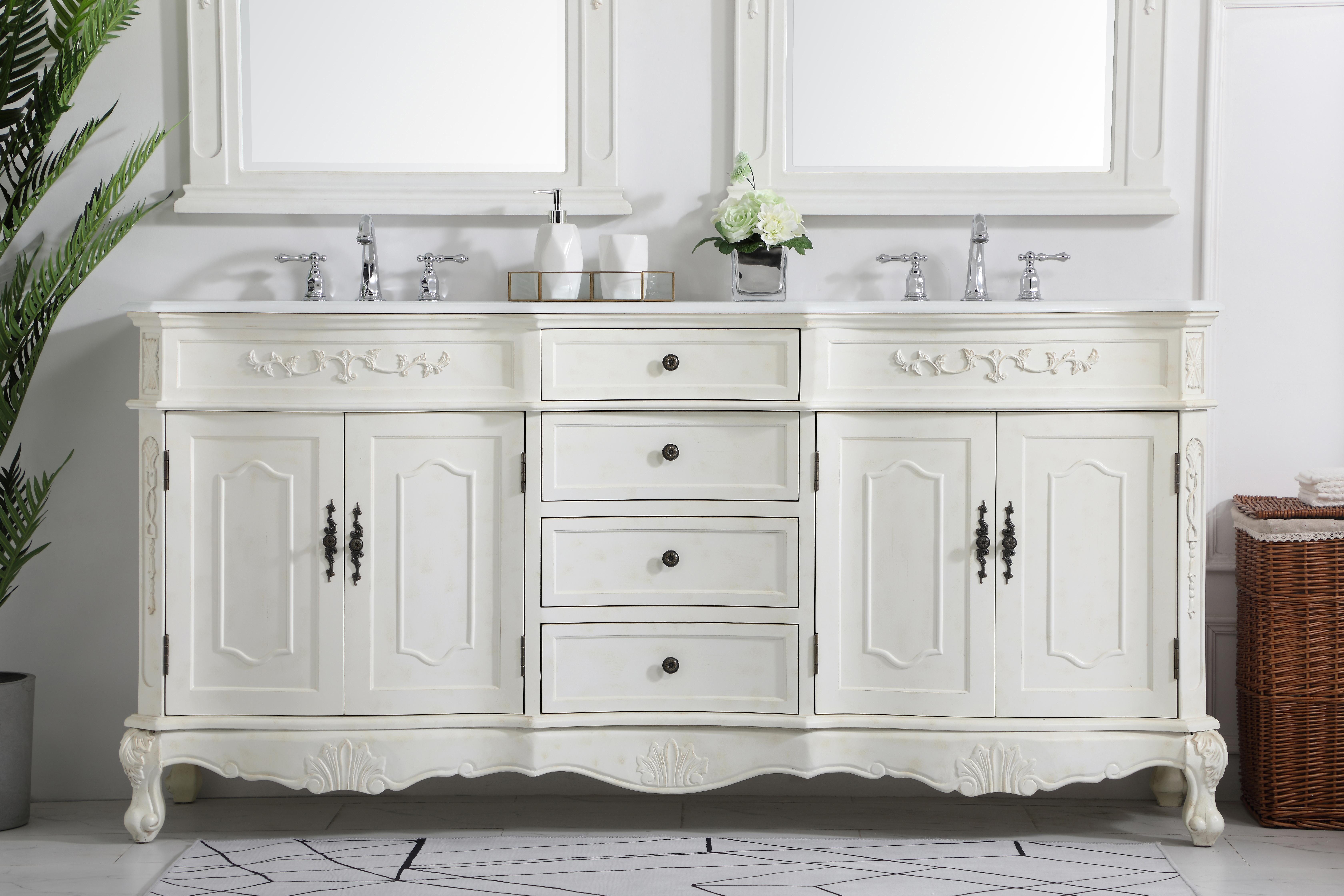 Dimensions
Length: 72"
Width: 21"
Height: 36"
Counter Top Length: 72"
Counter Top Width: 21"
Counter Top Height: 0.75"
Sink Width: 16"
Sink Depth: 13"
Sink Height: 7"
Sink Drain Hole Size: 1.75"
Faucet Hole Spacing: 8"3 Holes"
Specifications
Assembly Required: no
Base Material: Solid wood and MDF
Counter Top Edge Style: Ogee
Counter Top Finish: Ivory white
Distressed Finish: Yes
Finish (Color): Antique White
Fixture Material: Solid Wood and MDF
Hardware Finish: Antique bronze
Harware Material: Aluminum alloy
Number of Faucet Holes: 6
Number of Sinks: 2
Product Shape: Rectangle
Product Type: Bathroom Vanities
Product Warranty: 1 year limited
Sink Mounting Type: Undermount
Vanity Backsplash: NO
Vanity Mounting Type: Free-Standing
Weight: 231
Wire Included: No
Wood Type: birch
Shipment type: LTL
US Shipping Cost: $301.00
Drawers
Drawers Included: yes
Number of Drawers: 4
Drawer Width: DW1:18
DW2:18
Drawer Depth: DW1:16
DW2:16
Drawer Height: DW1:6
DW2:4.5
Drawer Handle Designs: knobs
Shelves
Number of Shelves: 2
Shelf Width: 23
Cabinets
Number of Cabinets: 2
Cabinet Interior Width: 23
Cabinet Interior Depth: 17
Cabinet Interior Height: 19.75 - alternate view