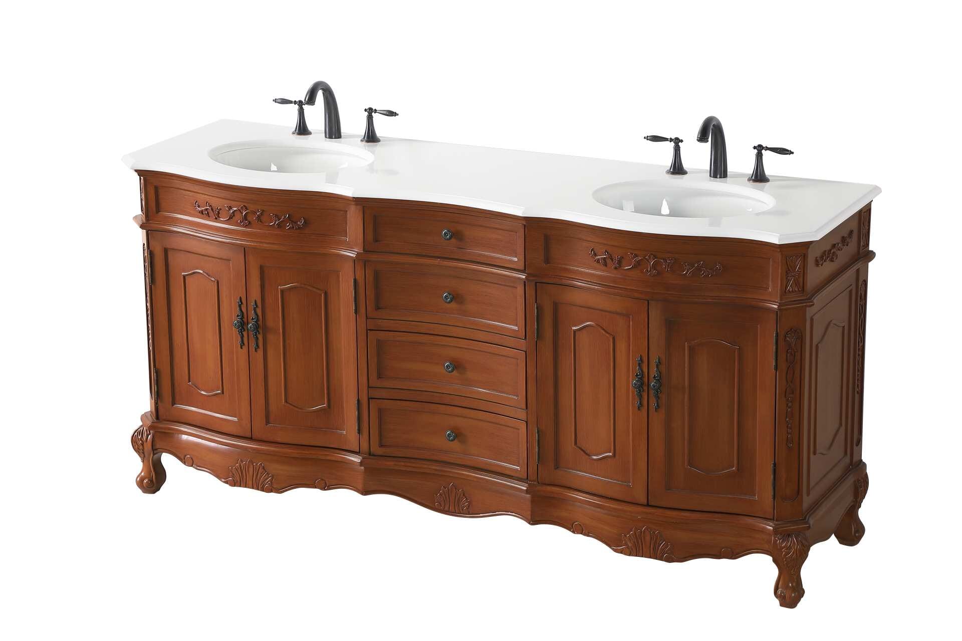 Dimensions
Length: 72"
Width: 21"
Height: 36"
Counter Top Length: 72"
Counter Top Width: 21"
Counter Top Height: 0.75"
Sink Width: 16"
Sink Depth: 13"
Sink Height: 7"
Sink Drain Hole Size: 1.75"
Faucet Hole Spacing: 8"3 Holes"
Specifications
Assembly Required: no
Base Material: Solid wood and MDF
Counter Top Edge Style: Ogee
Counter Top Finish: Ivory white
Distressed Finish: Yes
Finish (Color): Teak
Fixture Material: Solid Wood and MDF
Hardware Finish: Antique bronze
Harware Material: Aluminum alloy
Number of Faucet Holes: 6
Number of Sinks: 2
Product Shape: Rectangle
Product Type: Bathroom Vanities
Product Warranty: 1 year limited
Sink Mounting Type: Undermount
Vanity Backsplash: NO
Vanity Mounting Type: Free-Standing
Weight: 231
Wire Included: No
Wood Type: birch
Shipment type: LTL
US Shipping Cost: $301.00
Drawers
Drawers Included: yes
Number of Drawers: 4
Drawer Width: DW1:18
DW2:18
Drawer Depth: DW1:16
DW2:16
Drawer Height: DW1:6
DW2:4.5
Drawer Handle Designs: knobs
Shelves
Number of Shelves: 2
Shelf Width: 23
Cabinets
Number of Cabinets: 2
Cabinet Interior Width: 23
Cabinet Interior Depth: 17
Cabinet Interior Height: 19.75 - alternate view