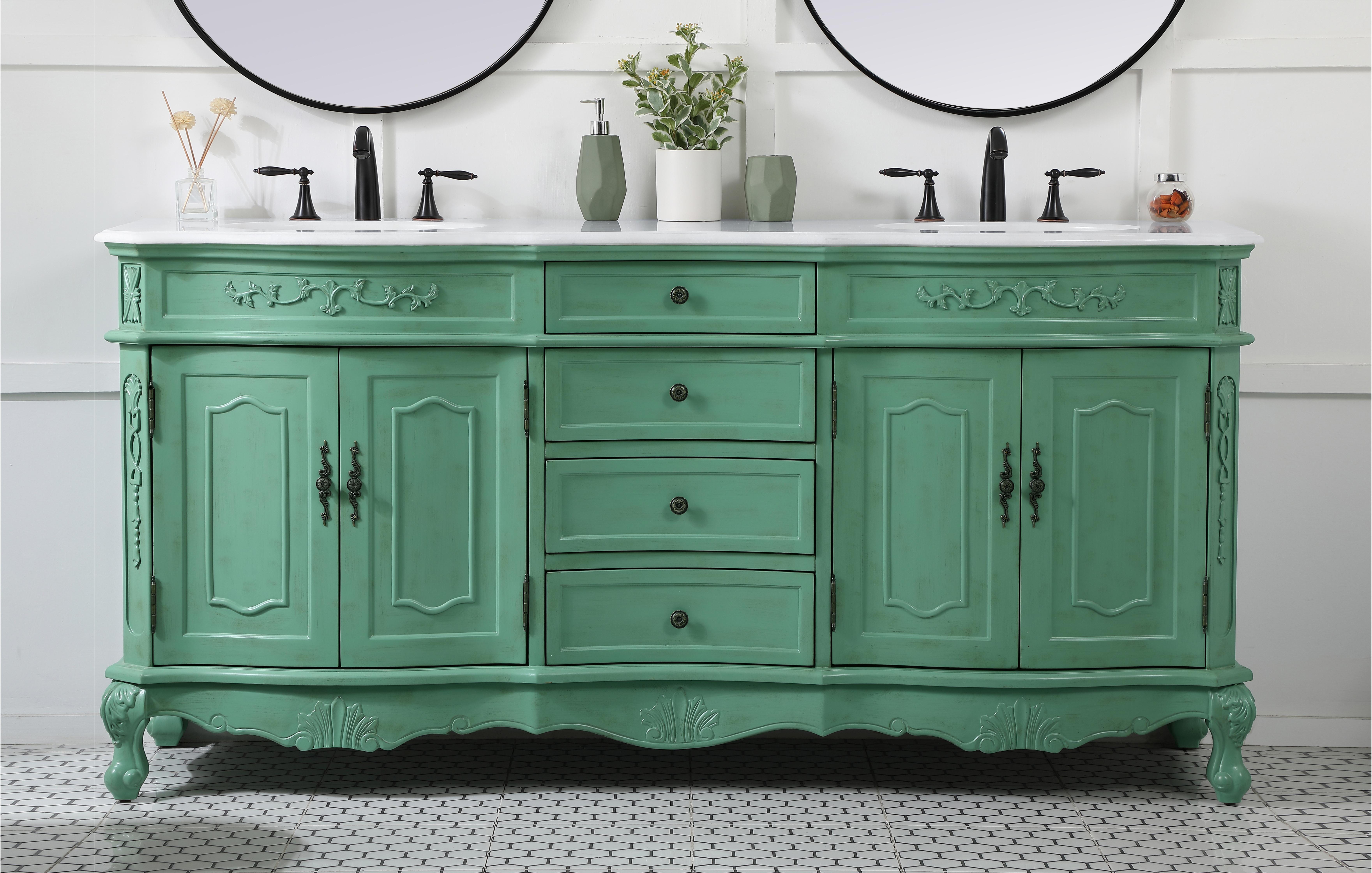 Dimensions
Length: 72"
Width: 21"
Height: 36"
Counter Top Length: 72"
Counter Top Width: 21"
Counter Top Height: 0.75"
Sink Width: 16"
Sink Depth: 13"
Sink Height: 7"
Sink Drain Hole Size: 1.75"
Faucet Hole Spacing: 8"3 Holes"
Specifications
Assembly Required: no
Base Material: Solid wood and MDF
Counter Top Edge Style: Ogee
Counter Top Finish: Ivory white
Distressed Finish: Yes
Finish (Color): Vintage Mint
Fixture Material: Solid Wood and MDF
Hardware Finish: Antique bronze
Harware Material: Aluminum alloy
Number of Faucet Holes: 6
Number of Sinks: 2
Product Shape: Rectangle
Product Type: Bathroom Vanities
Product Warranty: 1 year limited
Sink Mounting Type: Undermount
Vanity Backsplash: NO
Vanity Mounting Type: Free-Standing
Weight: 231
Wire Included: No
Wood Type: birch
Shipment type: LTL
US Shipping Cost: $301.00
Drawers
Drawers Included: yes
Number of Drawers: 4
Drawer Width: DW1:18
DW2:18
Drawer Depth: DW1:16
DW2:16
Drawer Height: DW1:6
DW2:4.5
Drawer Handle Designs: knobs
Shelves
Number of Shelves: 2
Shelf Width: 23
Cabinets
Number of Cabinets: 2
Cabinet Interior Width: 23
Cabinet Interior Depth: 17
Cabinet Interior Height: 19.75 - alternate view