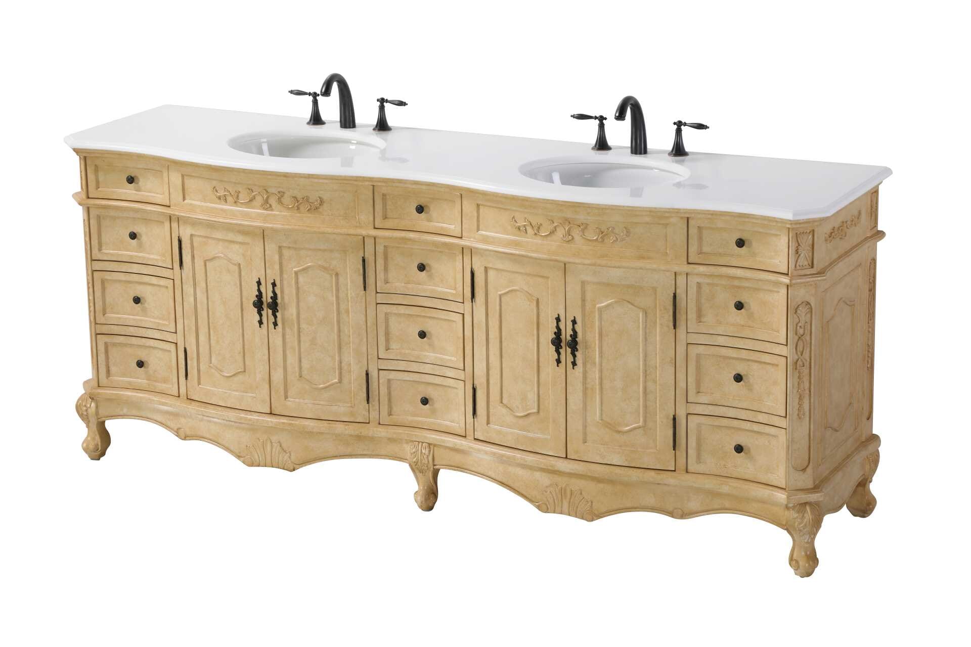Specification Sheet
Dimensions
Length: 84"
Width: 21"
Height: 36"
Counter Top Length: 84"
Counter Top Width: 21"
Counter Top Height: 0.75"
Sink Width: 16"
Sink Depth: 13"
Sink Height: 7"
Sink Drain Hole Size: 1.75"
Faucet Hole Spacing: 8"3 Holes"
Specifications
Assembly Required: NO
Base Material: Solid wood and MDF
Counter Top Edge Style: Half bullnose
Counter Top Finish: Ivory white
Distressed Finish: yes
Drain Assembly Included:
Faucet Included:
Faucet Type: Widespread
Finish (Color): Antique Beige
Vanity Material: Solid Wood and MDF
Hardware Finish: Antique bronze
Harware Material: Aluminum alloy
Number of Faucet Holes: 6
Number of Sinks: 2
Product Shape: Rectangle
Product Type: Bathroom Vanities
Product Warranty: 1 year limited
Sink Mounting Type: Undermount
Vanity Backsplash: NO
Vanity Mounting Type: Free-Standing
Weight: 322
Wire Included: No
Wood Type: Birch
Shipment type: LTL
Drawers
Drawers Included: yes
Number of Drawers: 12
False Drawers:
Drawer Width: Dw1 : 10
Dw2 : 10
Drawer Depth: Dw1 : 14.5
Dw2 : 14.5
Drawer Height: Dw1 : 4.5
Dw2 : 6
Drawer Handle Designs: knobs
Shelves
Number of Shelves: 2
Shelf Width: 21.5
Cabinets
Number of Cabinets: 2
Cabinet Interior Width: 21.5
Cabinet Interior Depth: 17
Cabinet Interior Height: 20 - alternate view