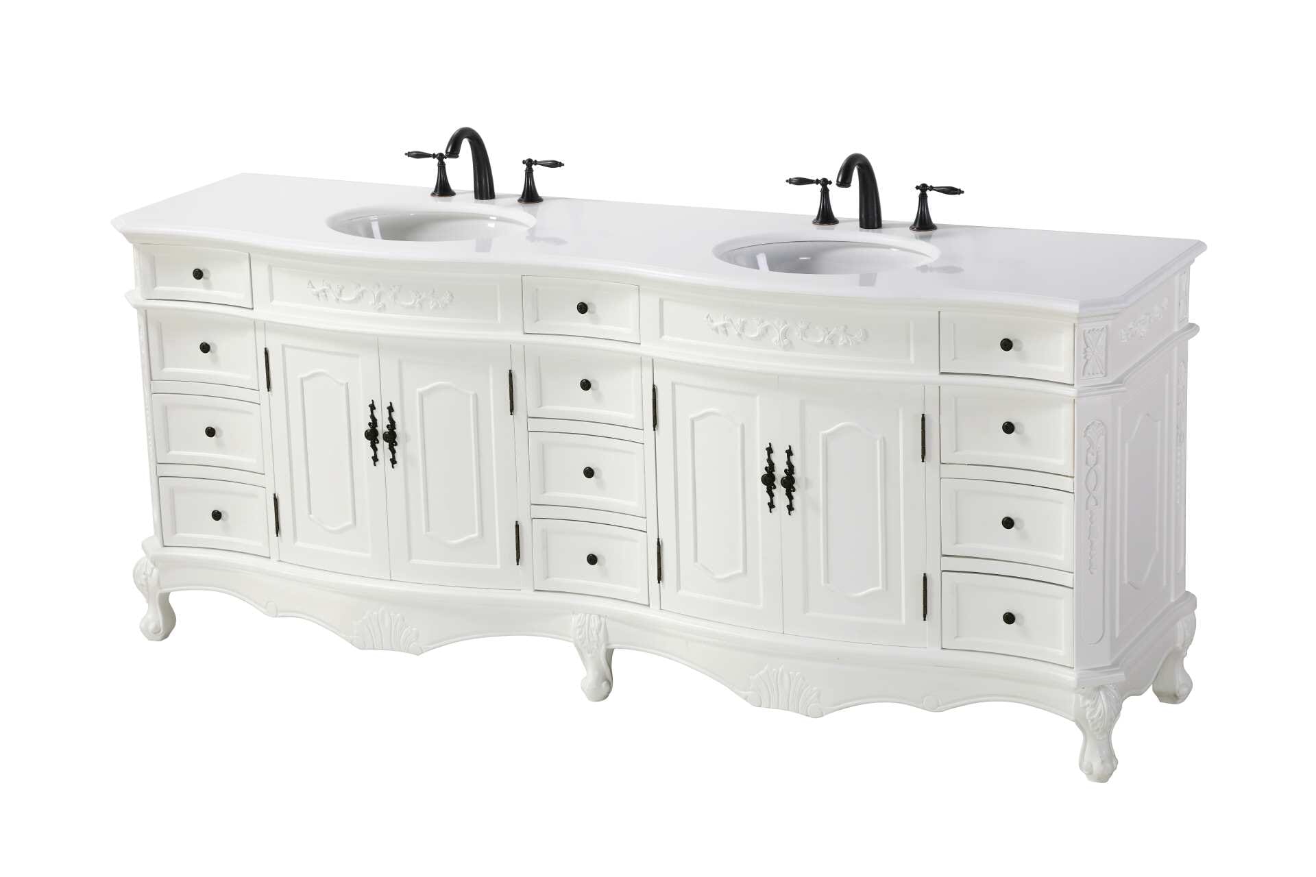 Specification Sheet
Dimensions
Length: 84"
Width: 21"
Height: 36"
Counter Top Length: 84"
Counter Top Width: 21"
Counter Top Height: 0.75"
Sink Width: 16"
Sink Depth: 13"
Sink Height: 7"
Sink Drain Hole Size: 1.75"
Faucet Hole Spacing: 8"3 Holes"
Specifications
Assembly Required: NO
Base Material: Solid wood and MDF
Counter Top Edge Style: Half bullnose
Counter Top Finish: Ivory white
Distressed Finish: yes
Drain Assembly Included:
Faucet Included:
Faucet Type: Widespread
Finish (Color): Antique White
Vanity Material: Solid Wood and MDF
Hardware Finish: Antique bronze
Harware Material: Aluminum alloy
Number of Faucet Holes: 6
Number of Sinks: 2
Product Shape: Rectangle
Product Type: Bathroom Vanities
Product Warranty: 1 year limited
Sink Mounting Type: Undermount
Vanity Backsplash: NO
Vanity Mounting Type: Free-Standing
Weight: 322
Wire Included: No
Wood Type: Birch
Shipment type: LTL
Drawers
Drawers Included: yes
Number of Drawers: 12
False Drawers:
Drawer Width: Dw1 : 10
Dw2 : 10
Drawer Depth: Dw1 : 14.5
Dw2 : 14.5
Drawer Height: Dw1 : 4.5
Dw2 : 6
Drawer Handle Designs: knobs
Shelves
Number of Shelves: 2
Shelf Width: 21.5
Cabinets
Number of Cabinets: 2
Cabinet Interior Width: 21.5
Cabinet Interior Depth: 17
Cabinet Interior Height: 20 - alternate view