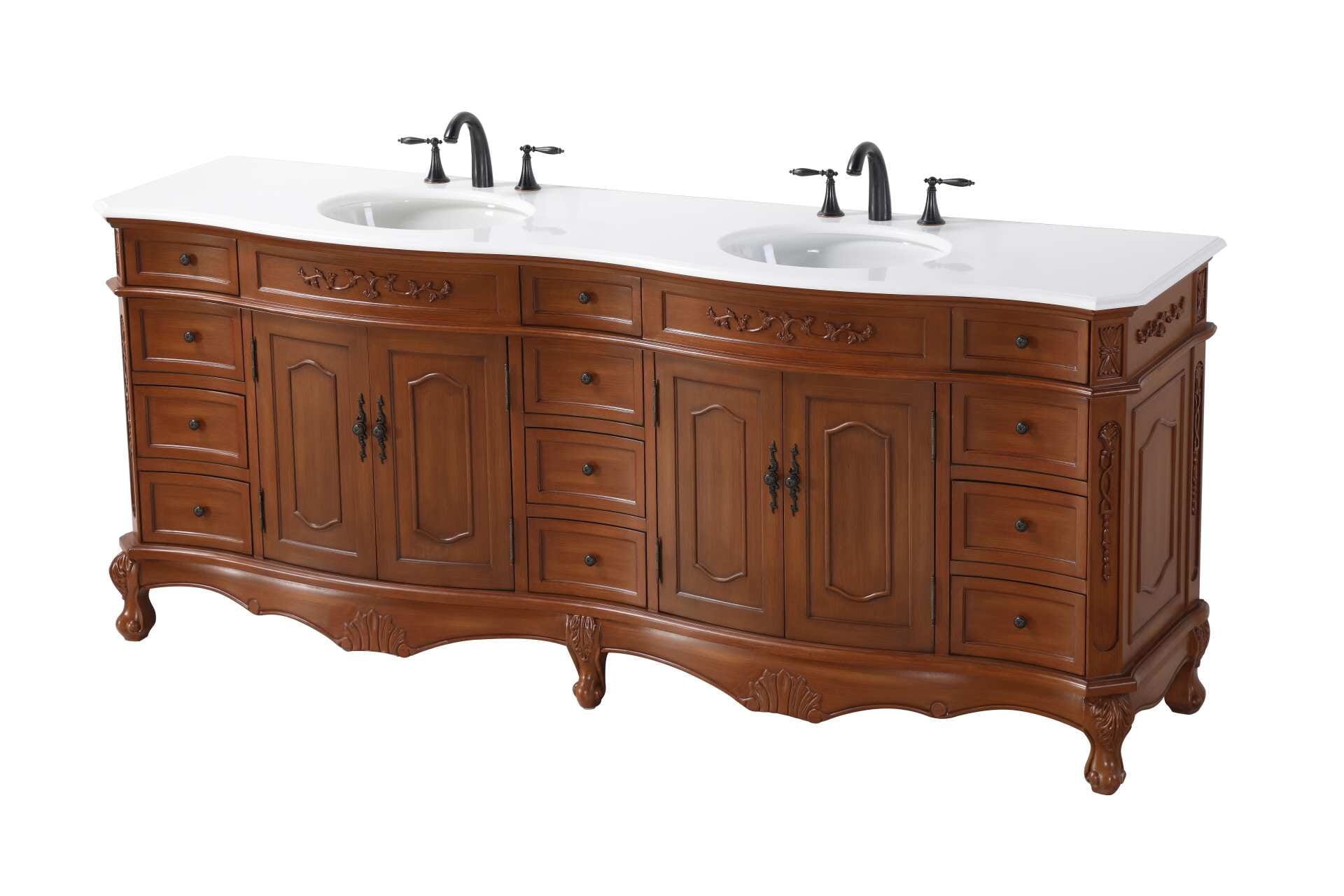 Specification Sheet
Dimensions
Length: 84"
Width: 21"
Height: 36"
Counter Top Length: 84"
Counter Top Width: 21"
Counter Top Height: 0.75"
Sink Width: 16"
Sink Depth: 13"
Sink Height: 7"
Sink Drain Hole Size: 1.75"
Faucet Hole Spacing: 8"3 Holes"
Specifications
Assembly Required: NO
Base Material: Solid wood and MDF
Counter Top Edge Style: Half bullnose
Counter Top Finish: Ivory white
Distressed Finish: yes
Drain Assembly Included:
Faucet Included:
Faucet Type: Widespread
Finish (Color): Teak
Vanity Material: Solid Wood and MDF
Hardware Finish: Antique bronze
Harware Material: Aluminum alloy
Number of Faucet Holes: 6
Number of Sinks: 2
Product Shape: Rectangle
Product Type: Bathroom Vanities
Product Warranty: 1 year limited
Sink Mounting Type: Undermount
Vanity Backsplash: NO
Vanity Mounting Type: Free-Standing
Weight: 322
Wire Included: No
Wood Type: Birch
Shipment type: LTL
Drawers
Drawers Included: yes
Number of Drawers: 12
False Drawers:
Drawer Width: Dw1 : 10
Dw2 : 10
Drawer Depth: Dw1 : 14.5
Dw2 : 14.5
Drawer Height: Dw1 : 4.5
Dw2 : 6
Drawer Handle Designs: knobs
Shelves
Number of Shelves: 2
Shelf Width: 21.5
Cabinets
Number of Cabinets: 2
Cabinet Interior Width: 21.5
Cabinet Interior Depth: 17
Cabinet Interior Height: 20 - alternate view